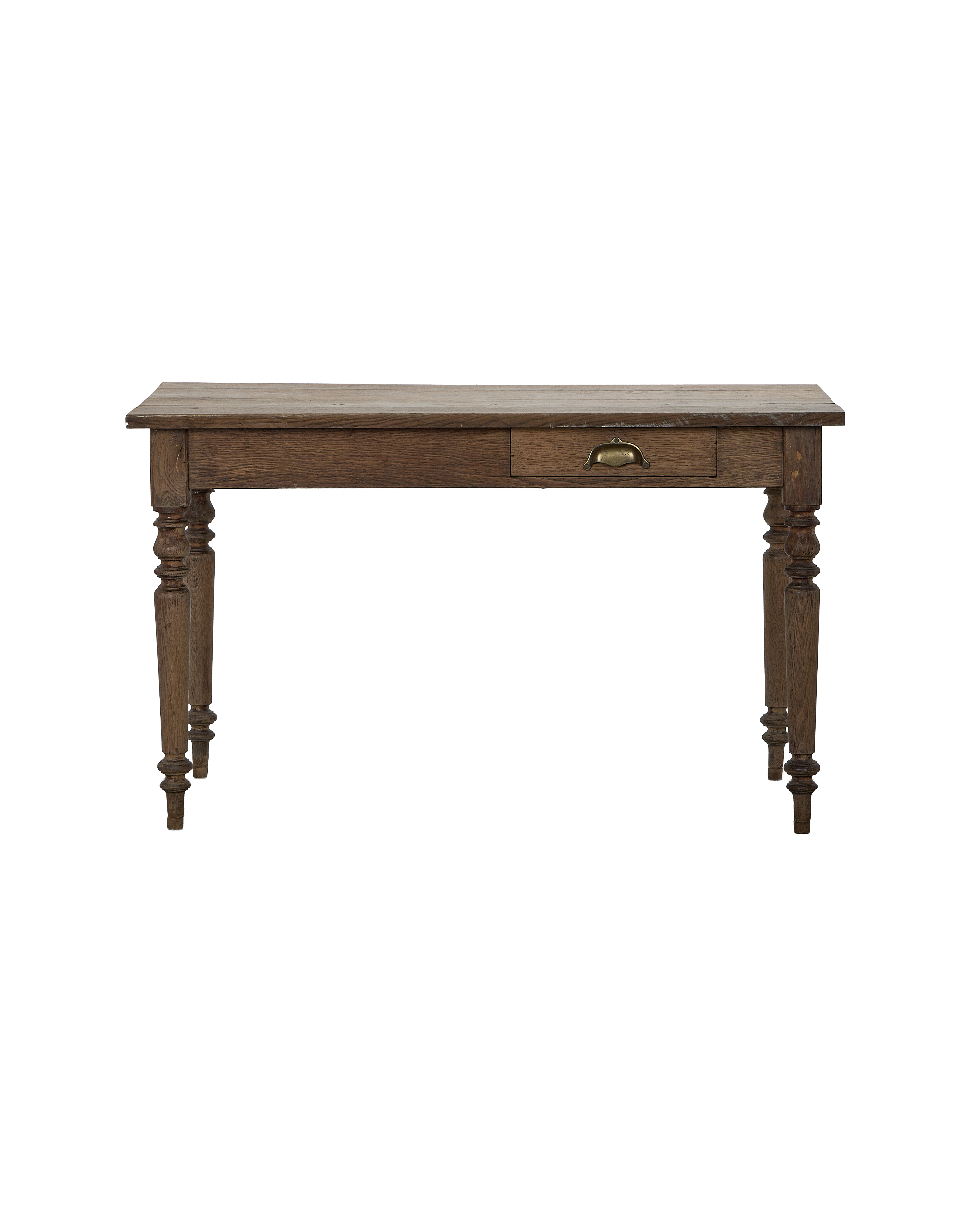 Vintage French oak farm table, ornate turned legs, single drawer, aged brass pull.