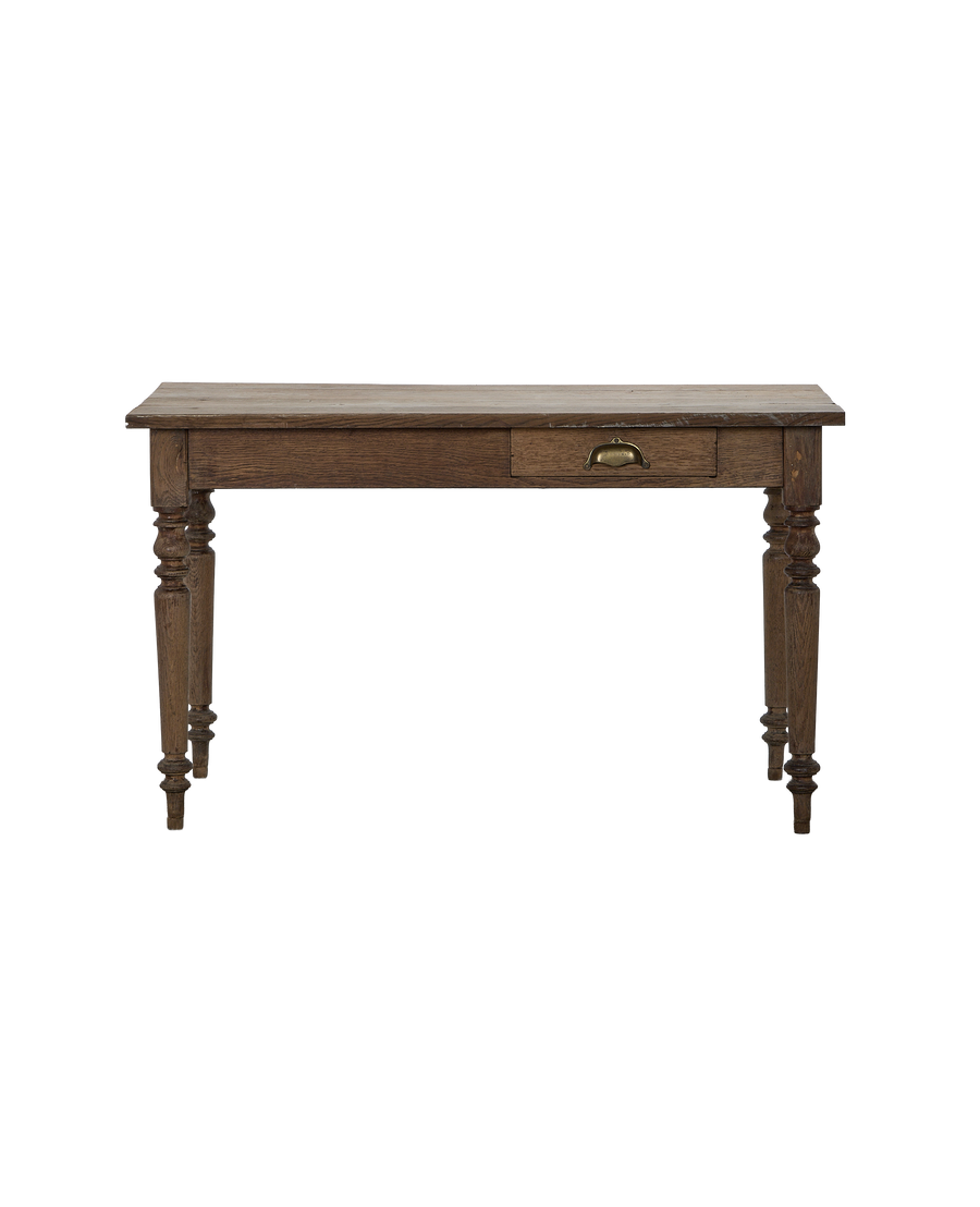 Vintage French oak farm table, ornate turned legs, single drawer, aged brass pull.