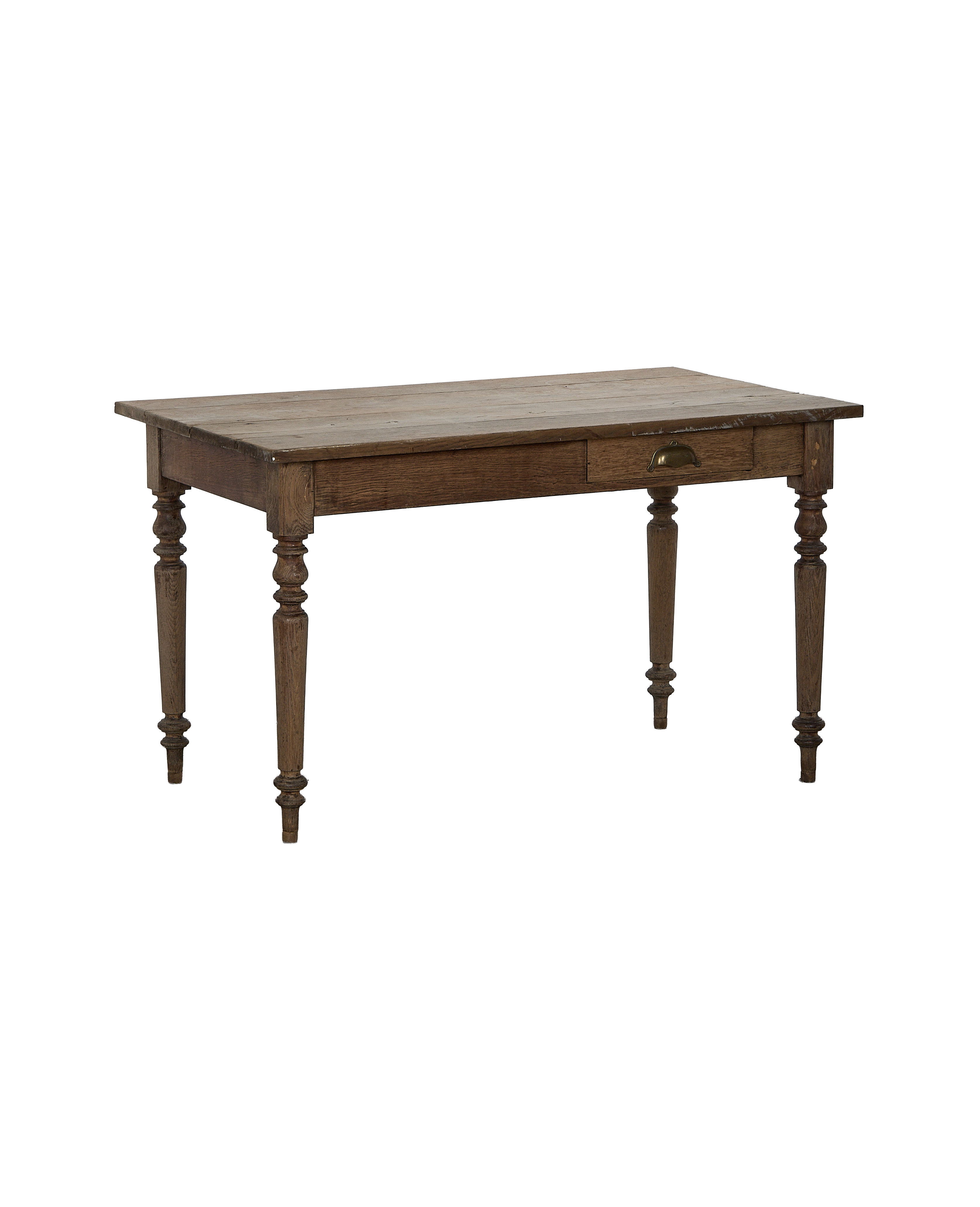 Vintage French oak farm table, distressed wood finish, single brass drawer pull.