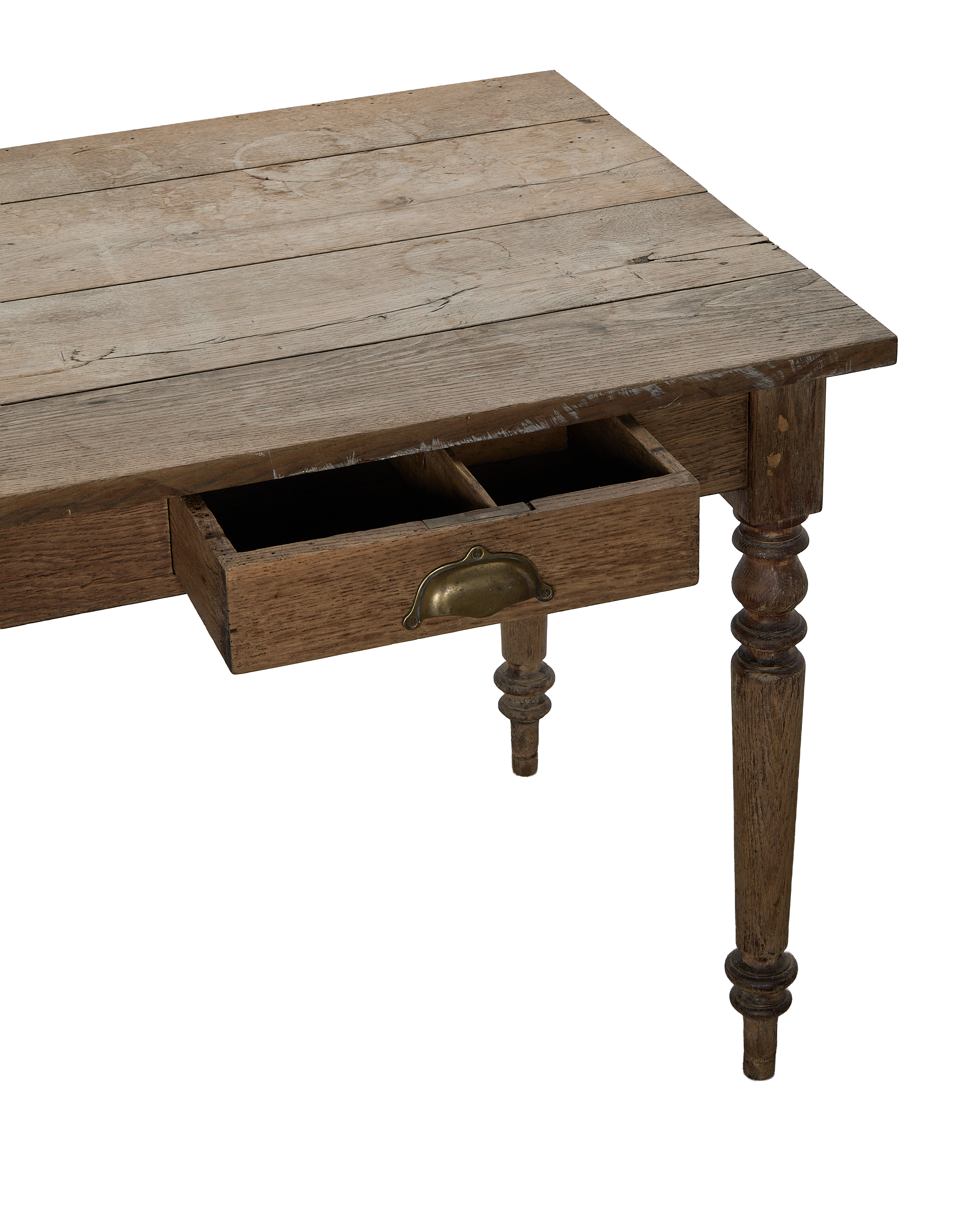 Vintage French oak farm table, open drawer with divided interior and brass pull.