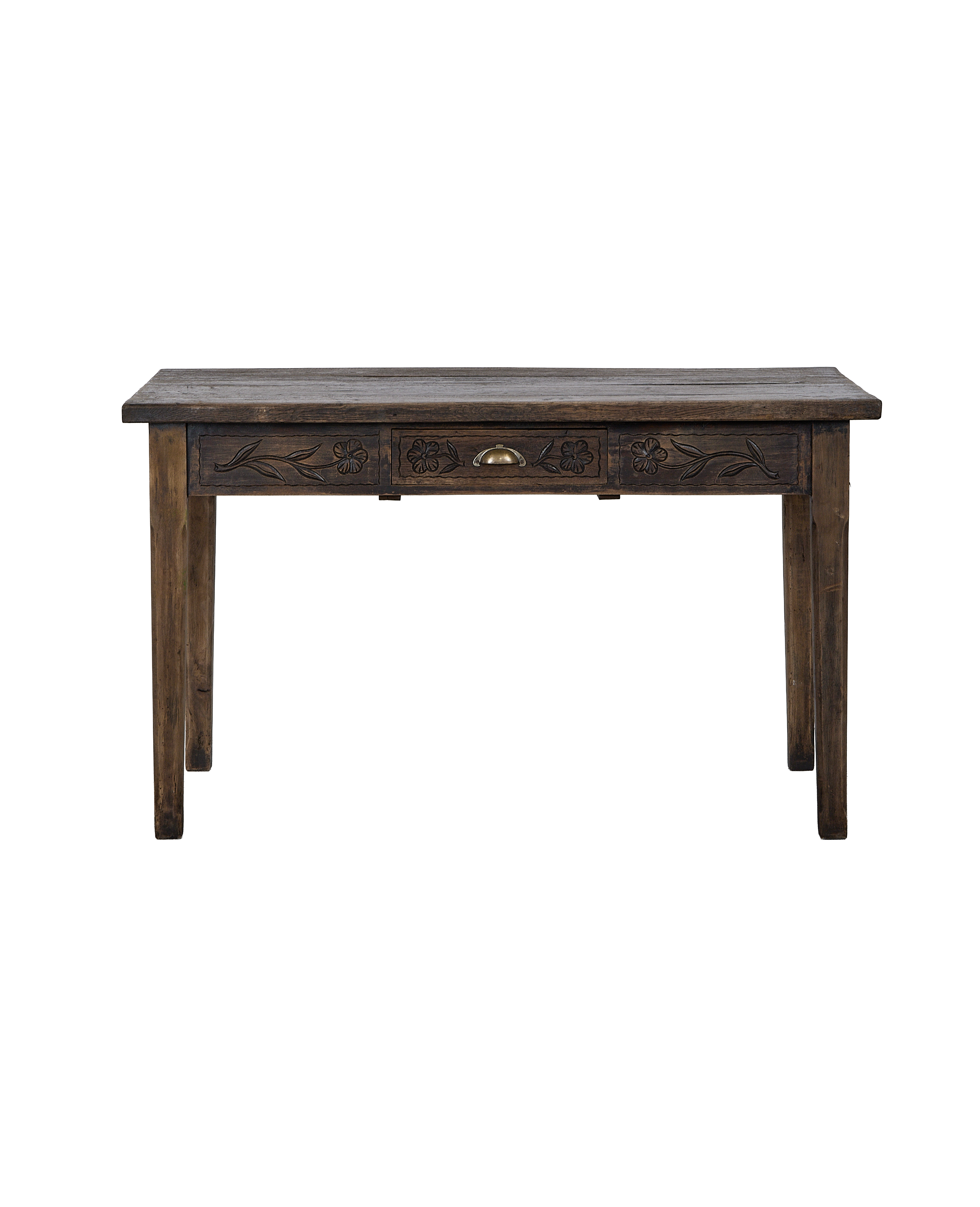 Vintage French oak drawer table, front view showing ornate floral carving and brass pull.