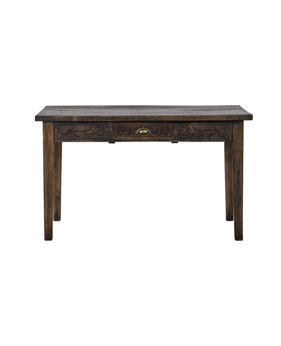 Vintage French oak drawer table, front view showing ornate floral carving and brass pull.