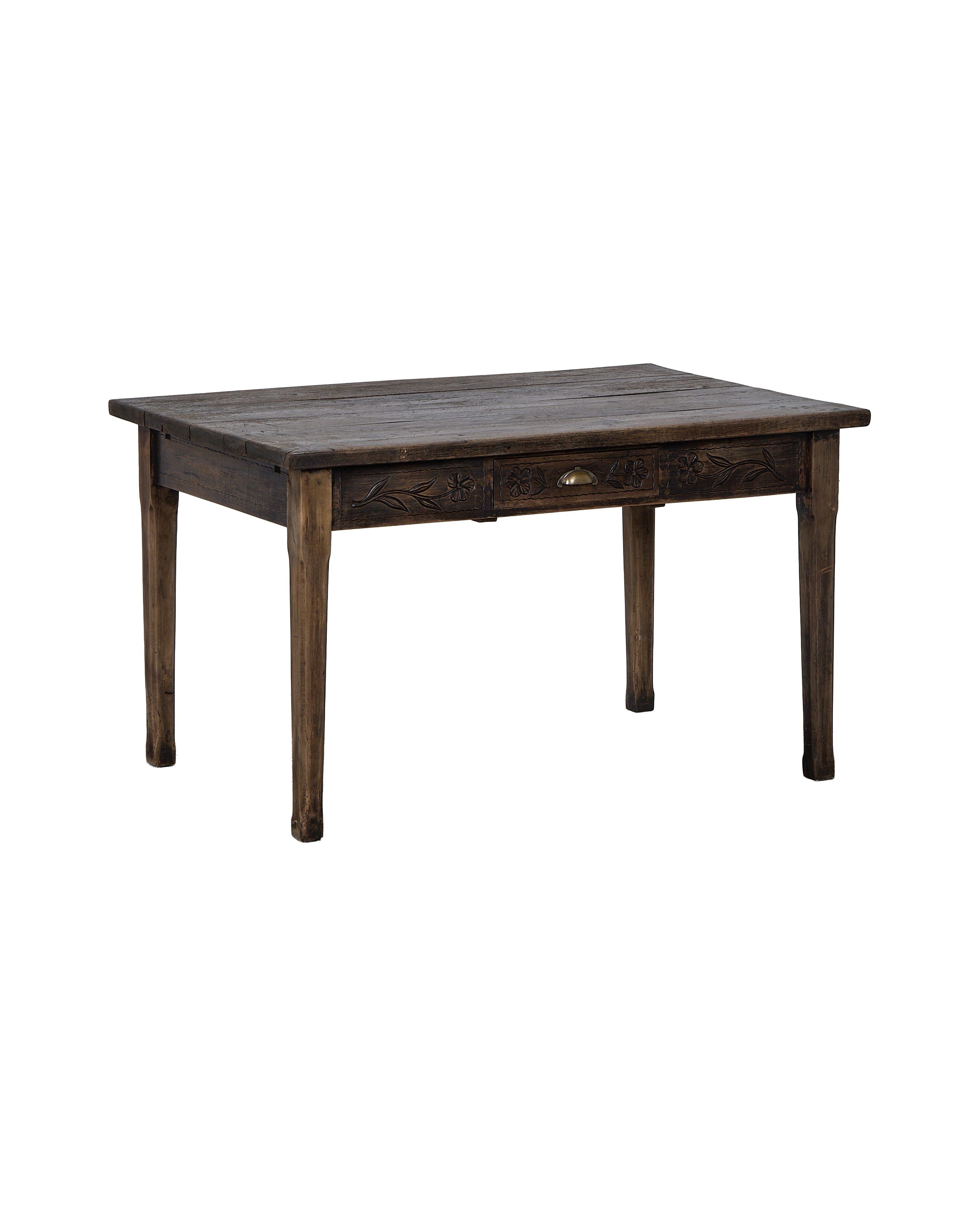 Vintage French oak drawer table, hand-carved floral detailing, brass pull, rustic condition.