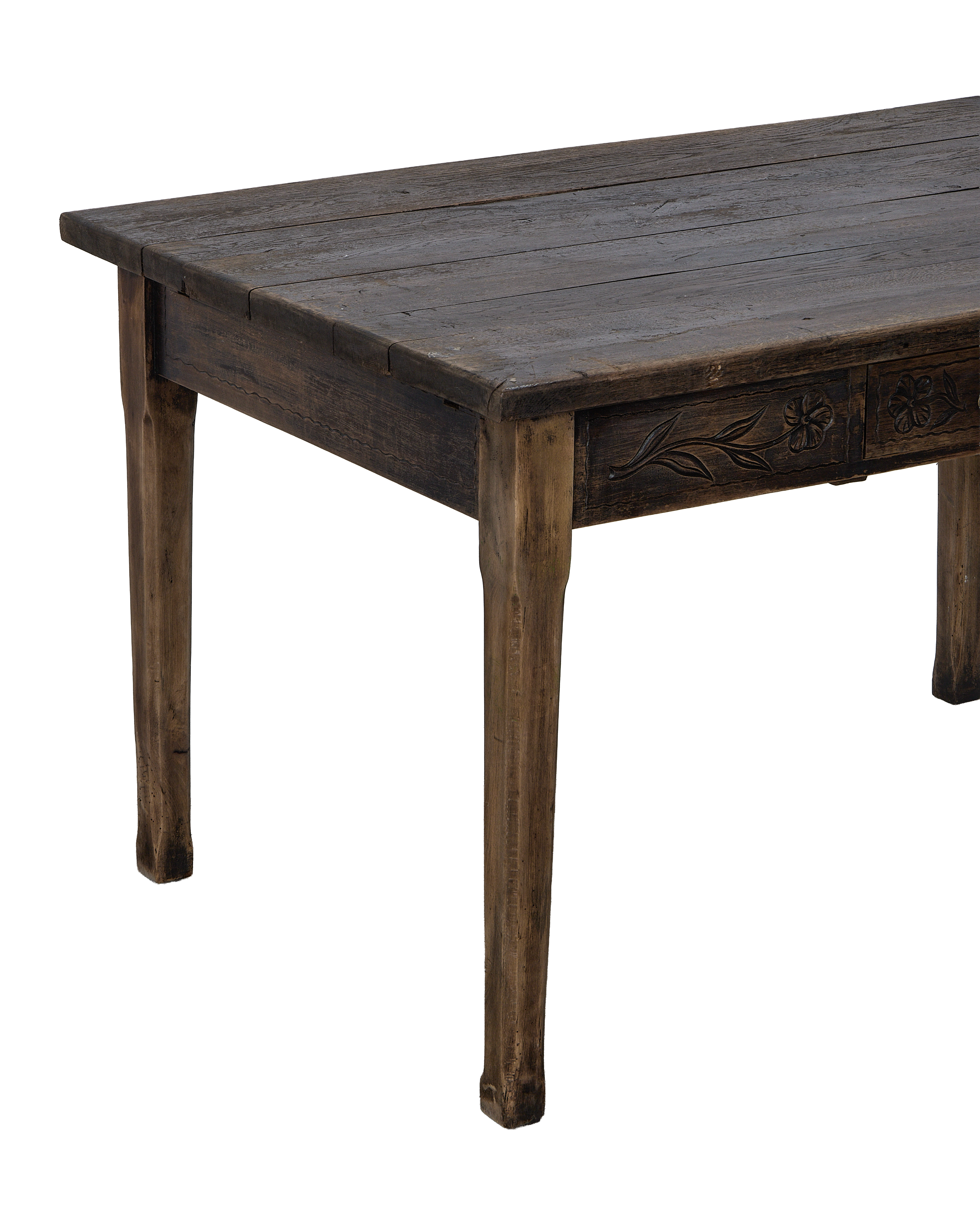 Vintage French oak drawer table, carved floral details on drawer, aged condition.