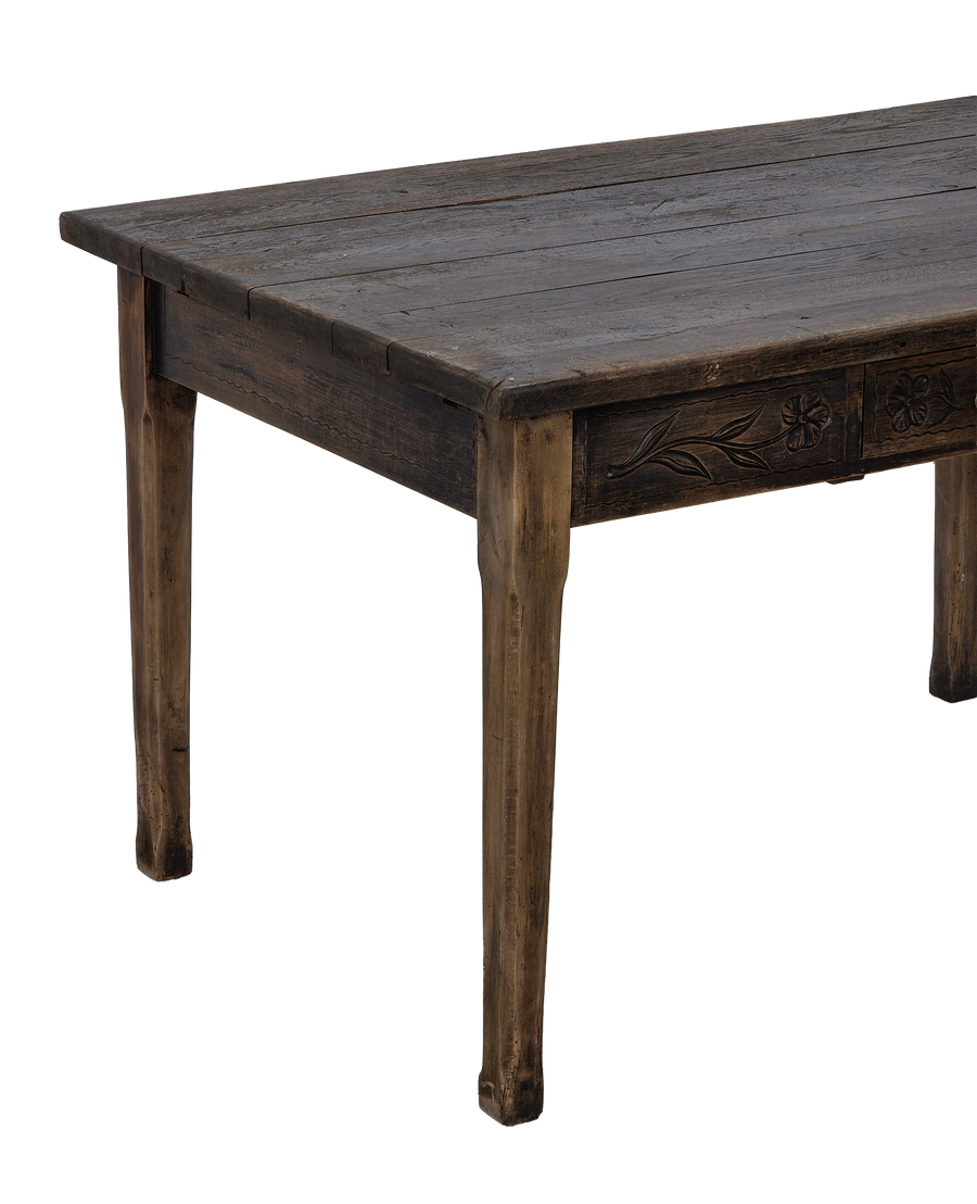 Vintage French oak drawer table, carved floral details on drawer, aged condition.