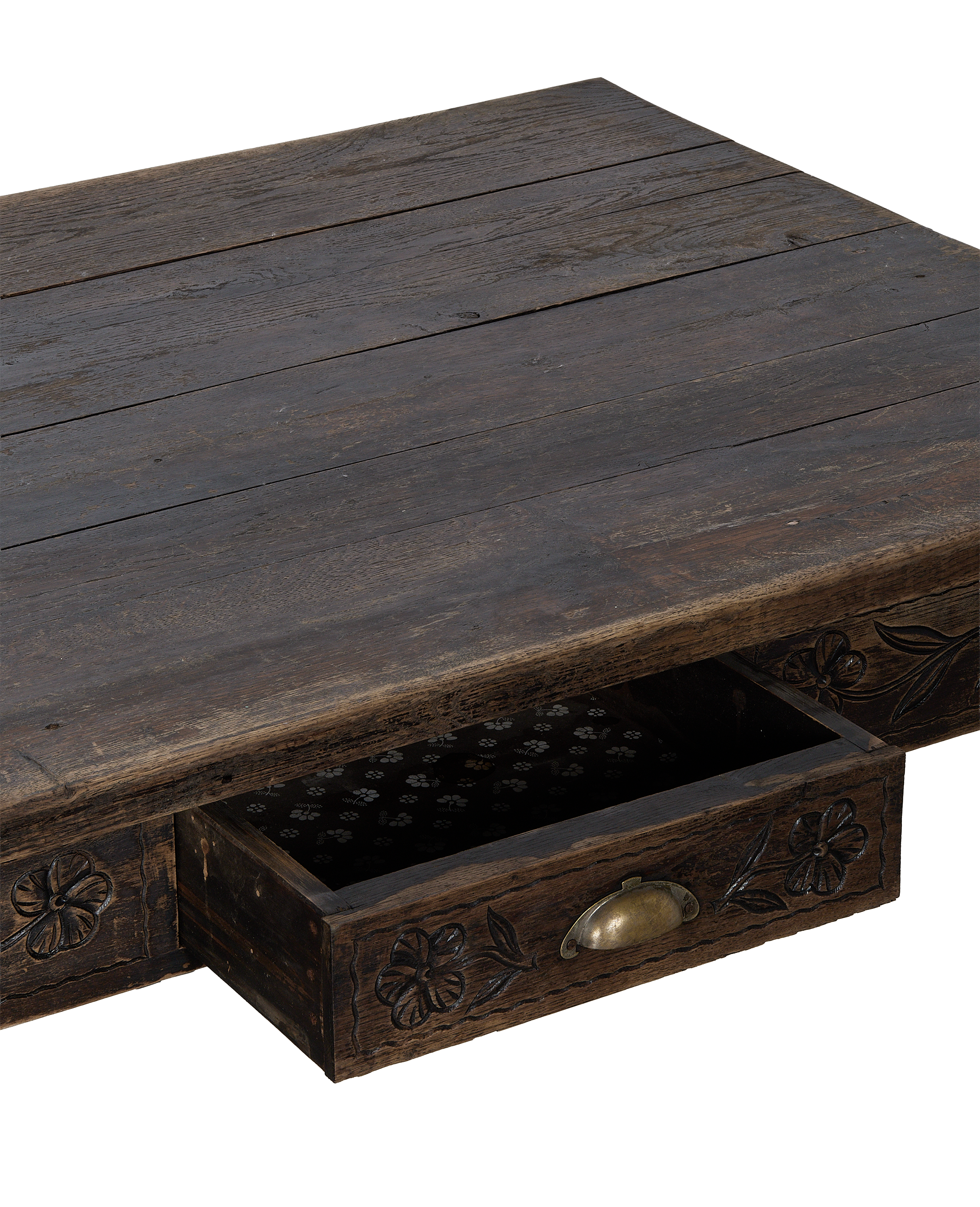Vintage French oak drawer table, close-up showing open drawer with floral lining.