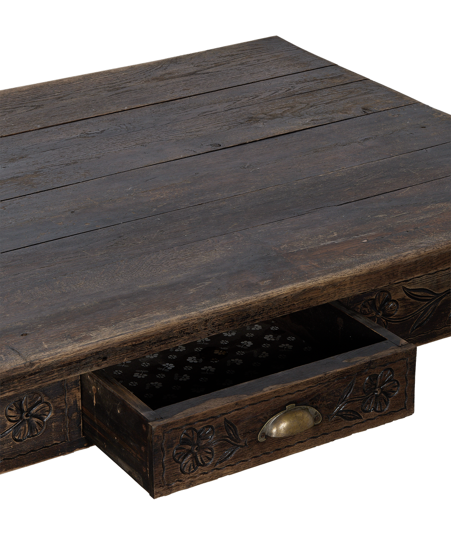 Vintage French oak drawer table, close-up showing open drawer with floral lining.
