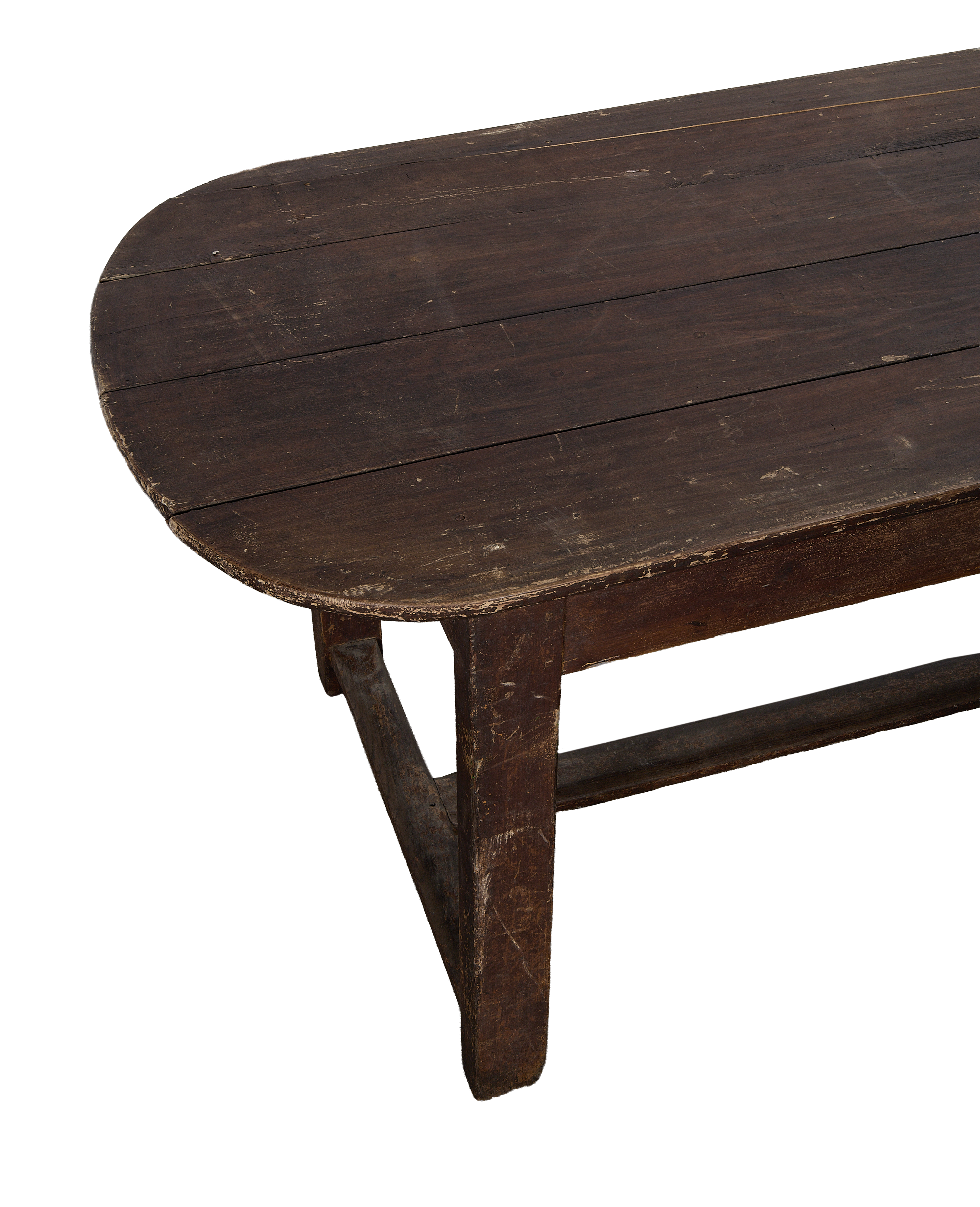 Vintage French oak oval table, detail of tabletop showing aged wood and distressed finish.