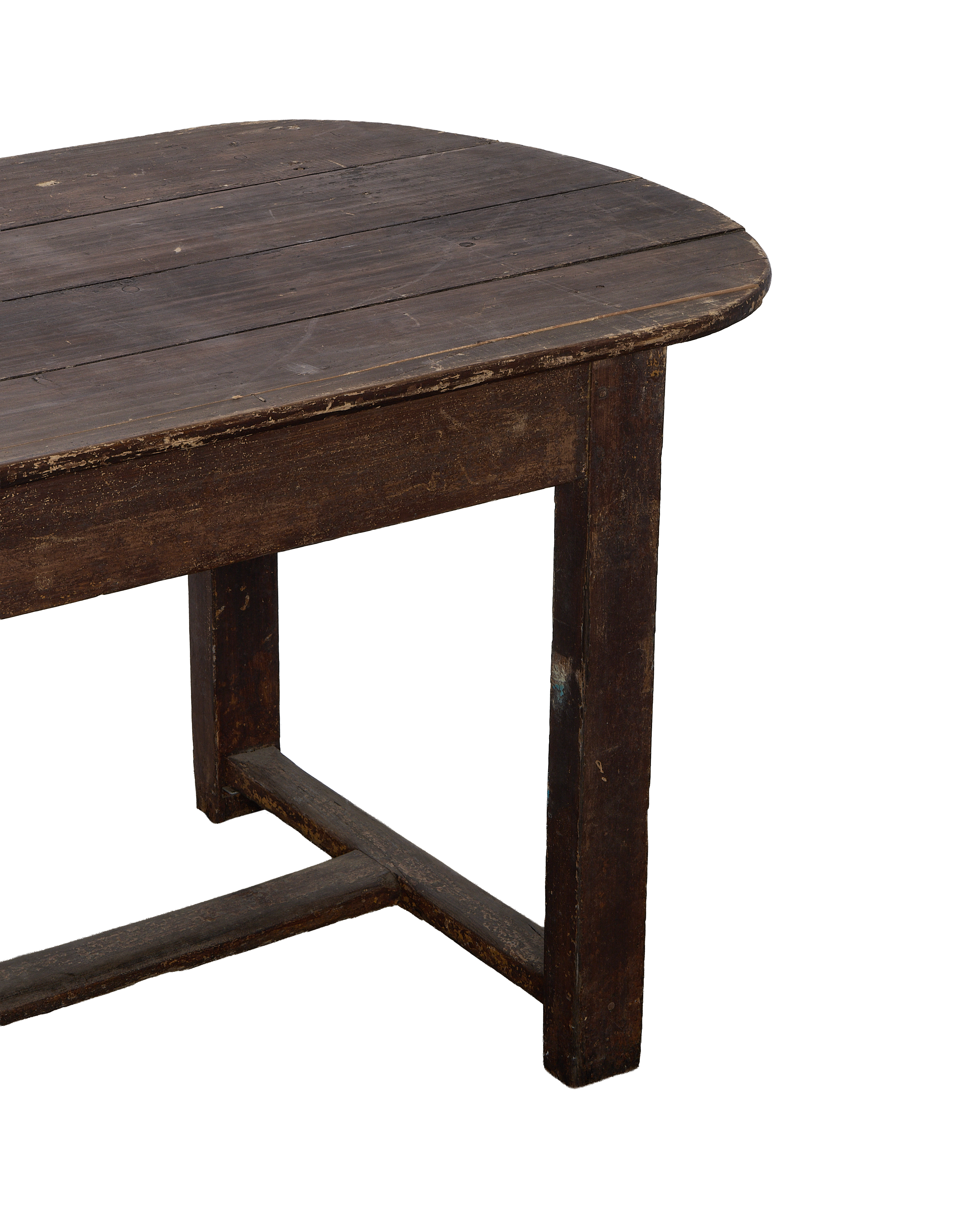 Vintage French oval oak table, closeup showing aged wood grain and condition.