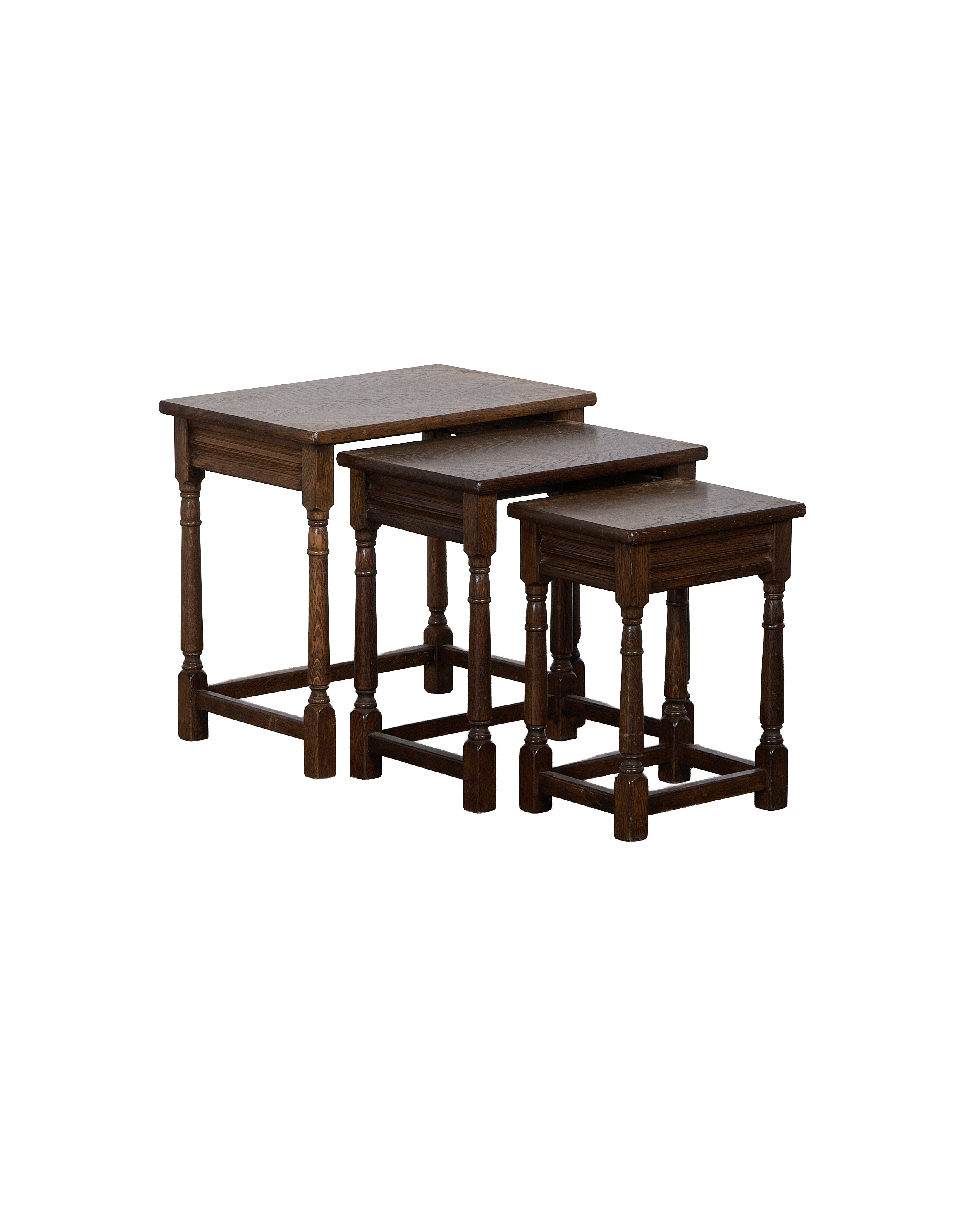 Vintage French oak barley twist nesting tables, set of three, dark wood.