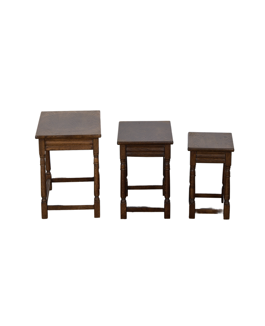 Vintage French oak Barley Twist nesting tables, set of three, showcasing different sizes side-by-side.