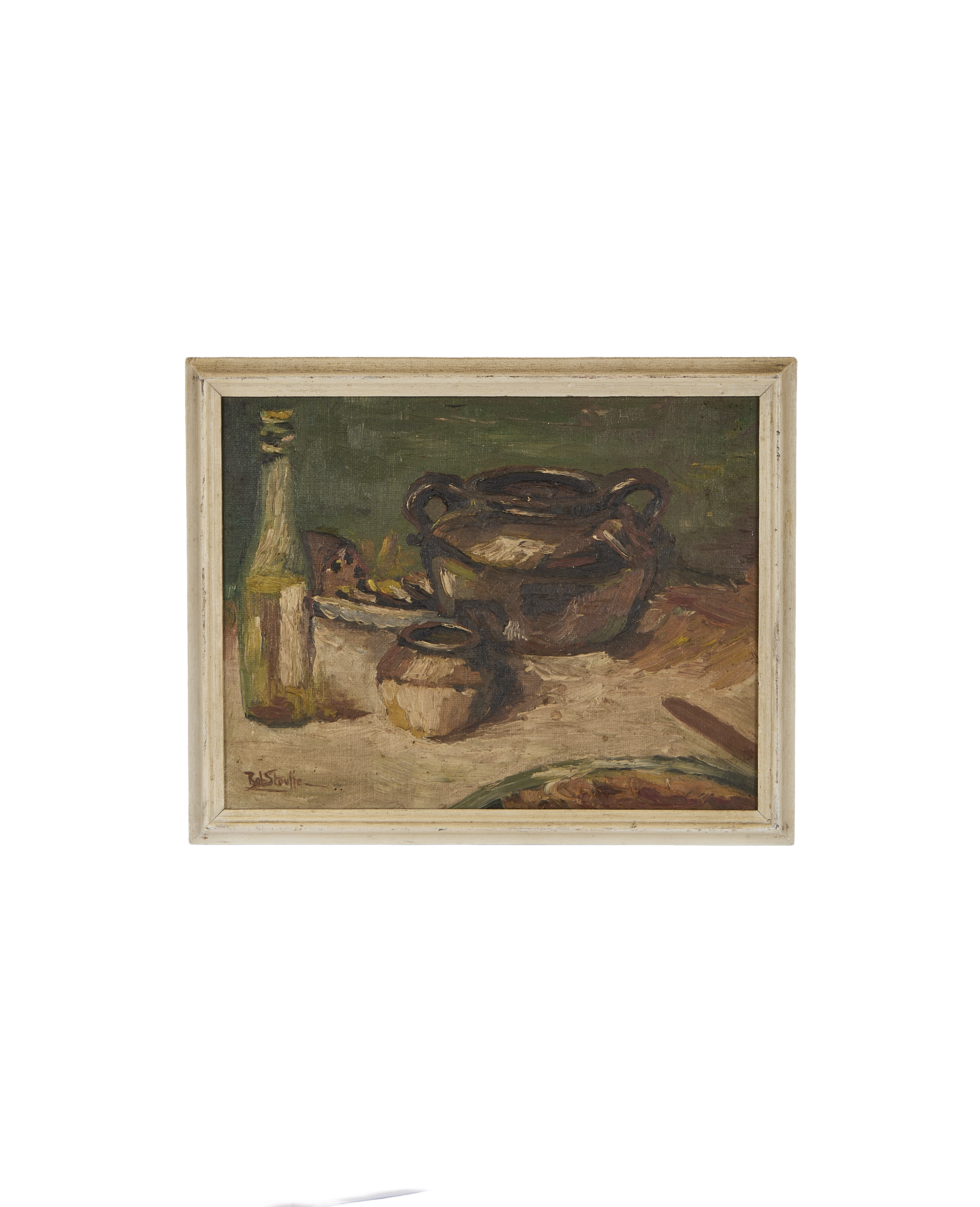 Vintage French still life painting, an oil-on-canvas featuring bottles and pottery in an oak frame.