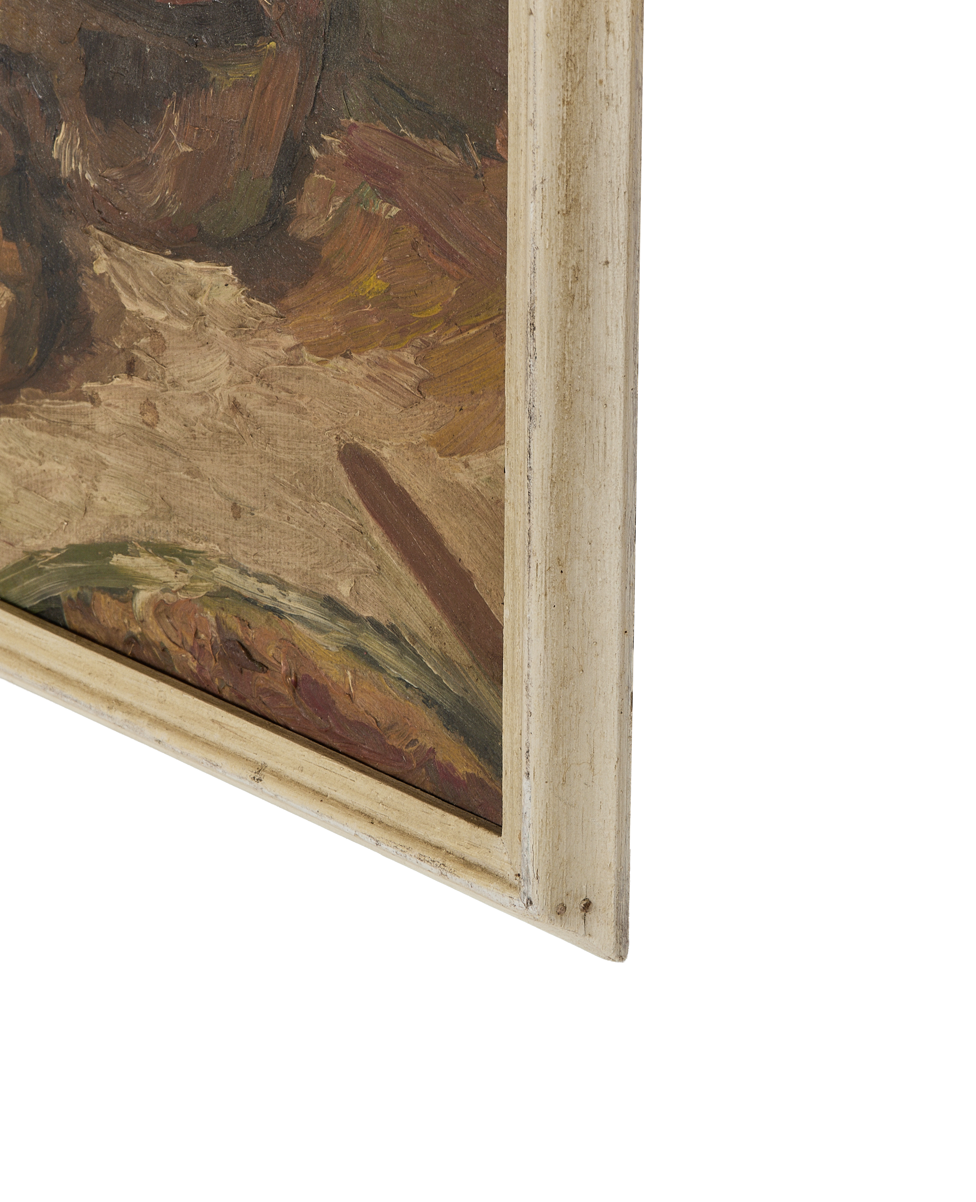 Close-up of vintage French still life painting, showing texture, brushstrokes, and distressed oak frame.