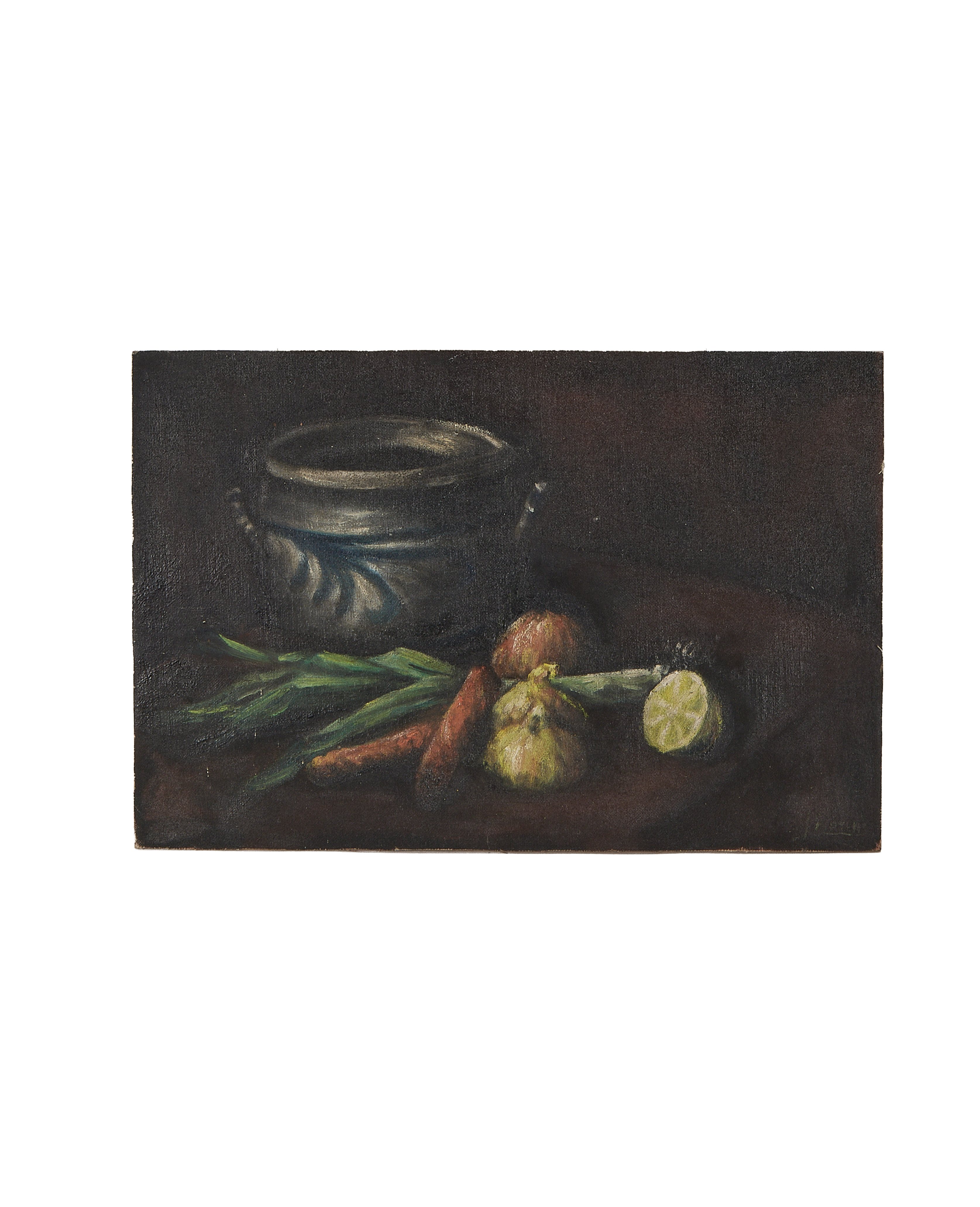 Vintage French still life oil painting on canvas depicting vegetables and a pot.
