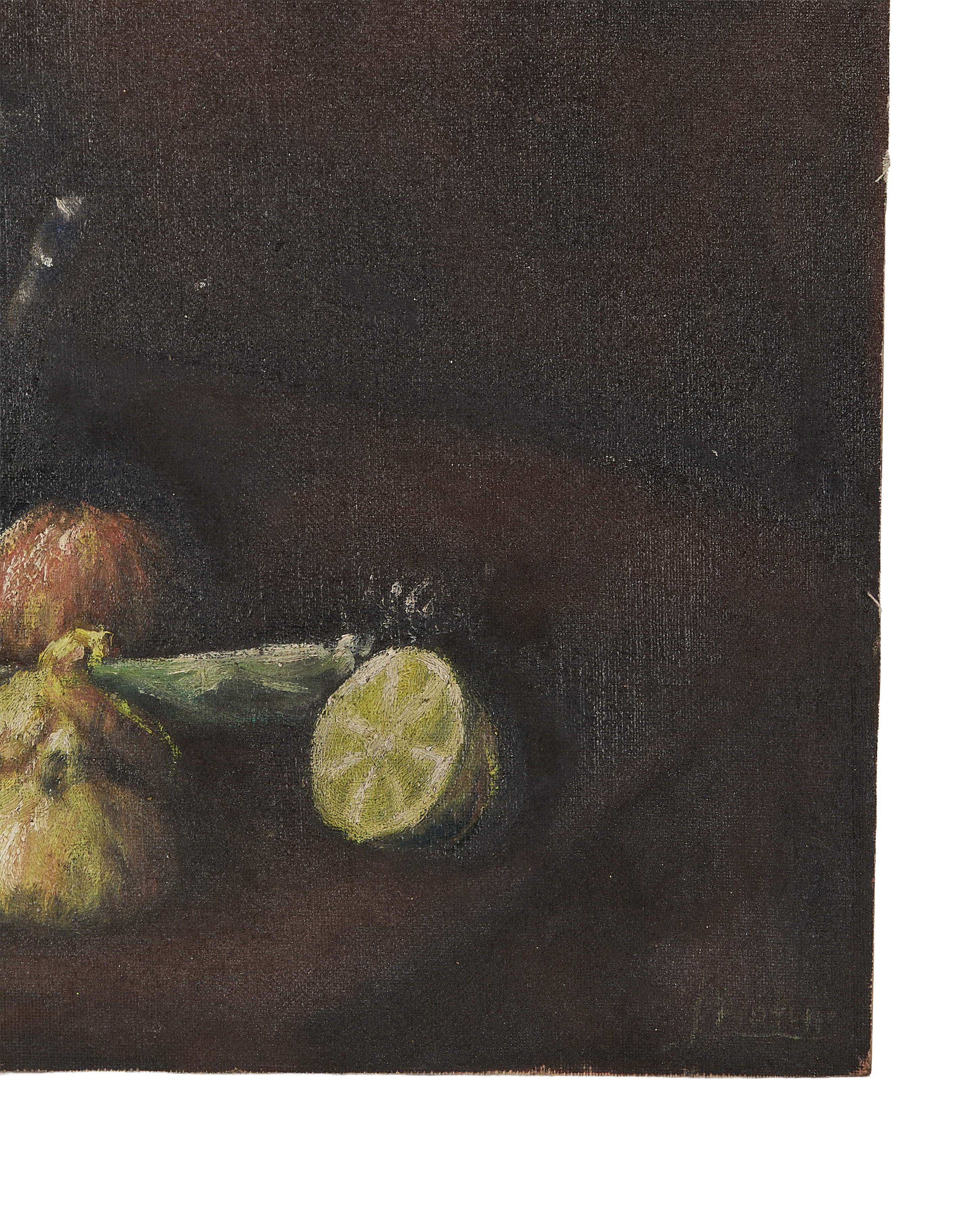 Vintage French still life oil painting detail showing cut lime, brushstrokes, and original texture.