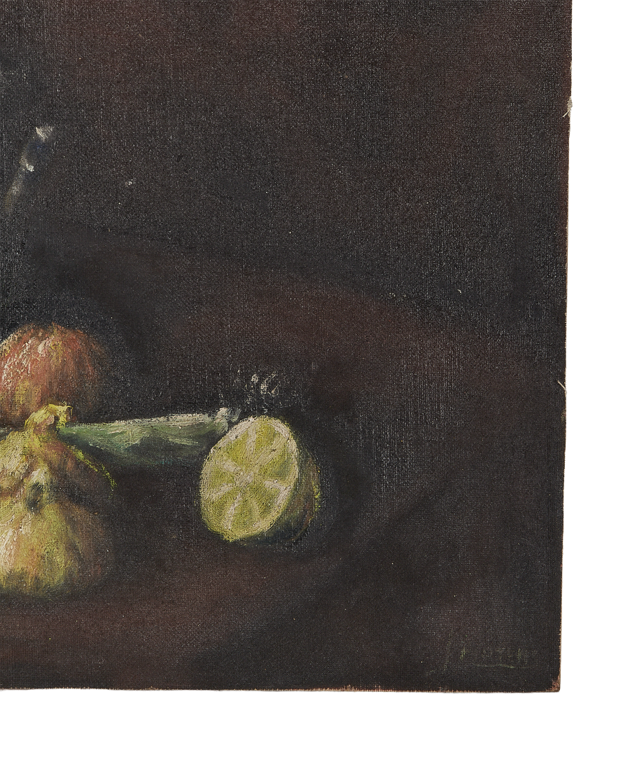 Vintage French still life oil painting detail showing cut lime, brushstrokes, and original texture.