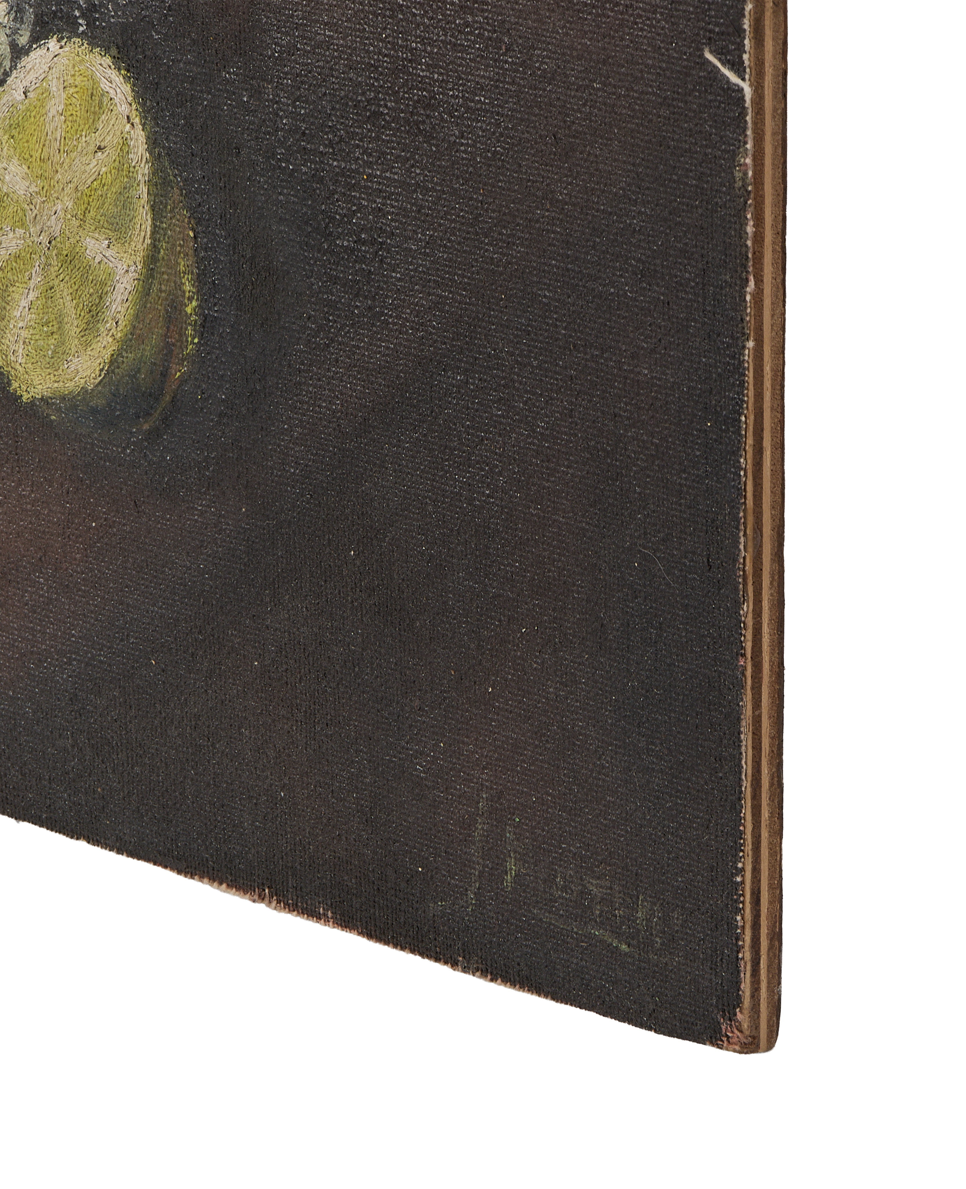 French vintage still life painting, close-up of textured canvas edge, showing oak frame.