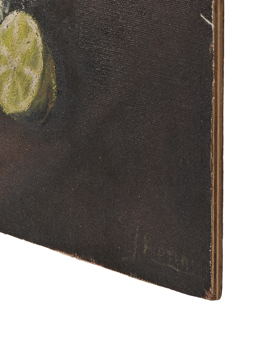 French vintage still life painting, close-up of textured canvas edge, showing oak frame.