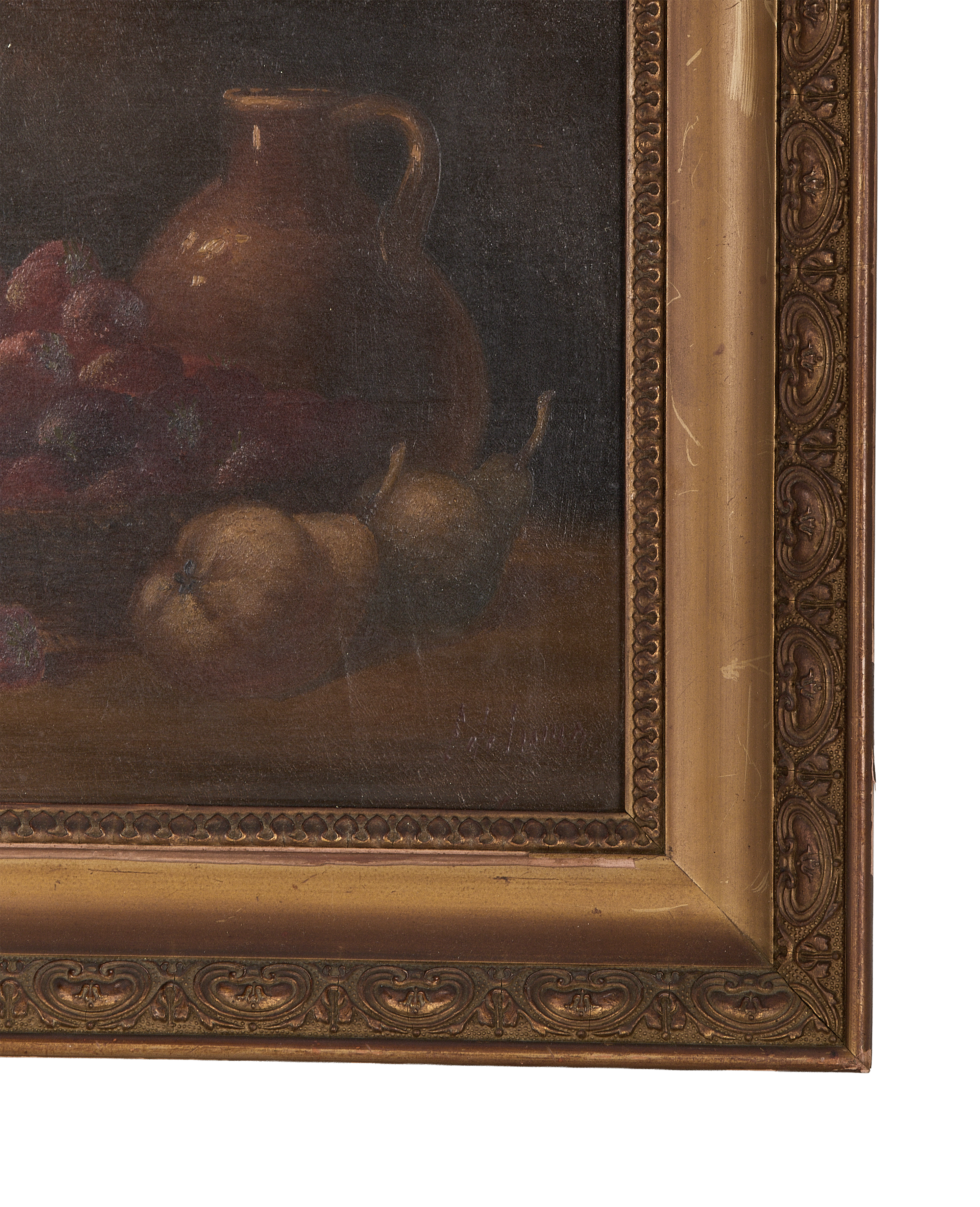 Vintage French still life painting detail: distressed oak frame with ornate carving, fruit, and jug visible.