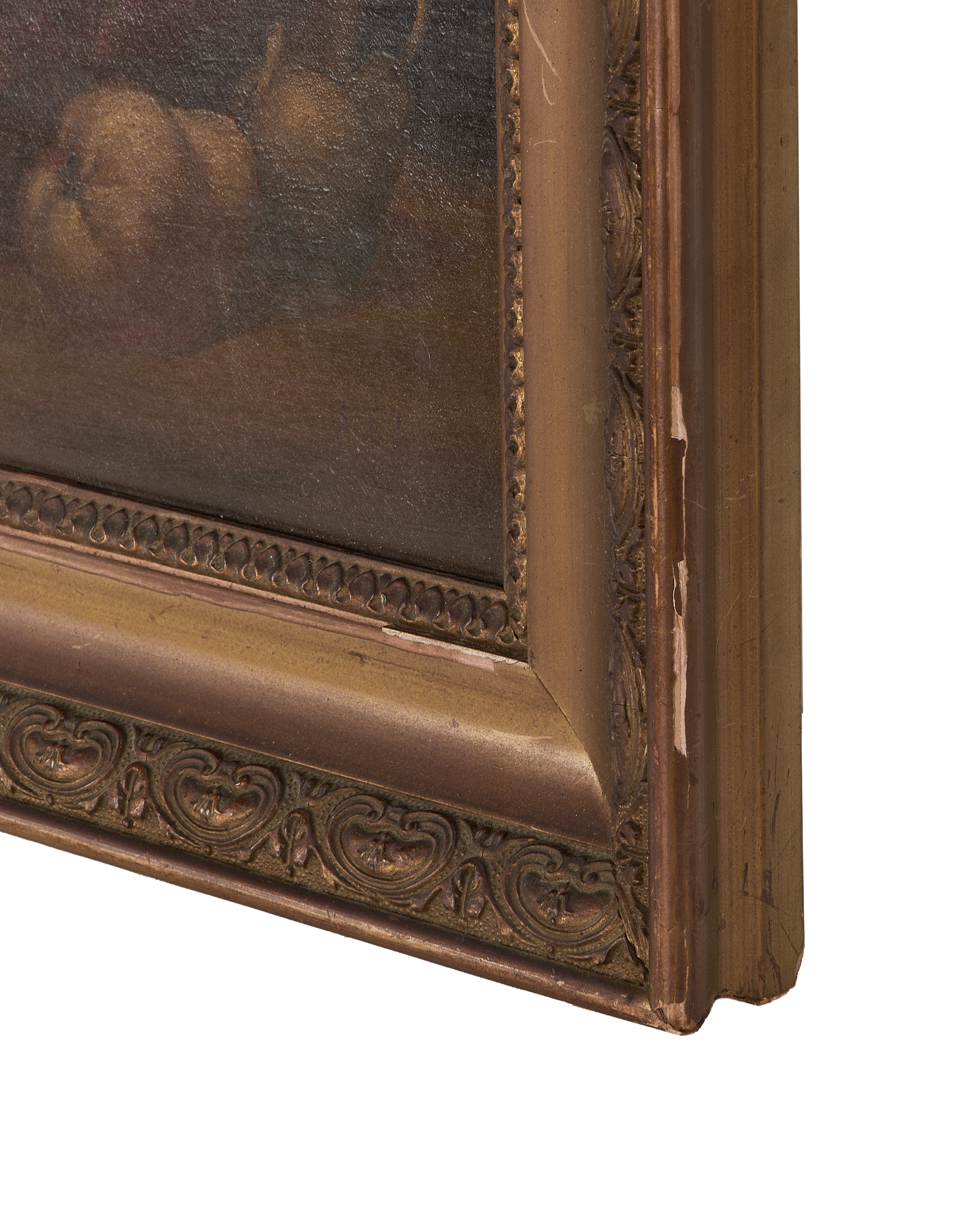 Vintage French oak still life painting, showing distressed golden frame detail.