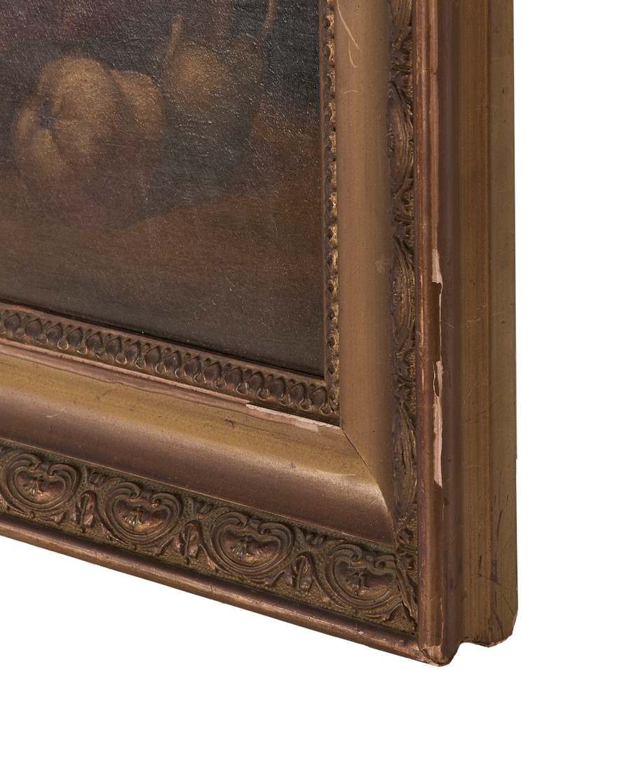 Vintage French oak still life painting, showing distressed golden frame detail.