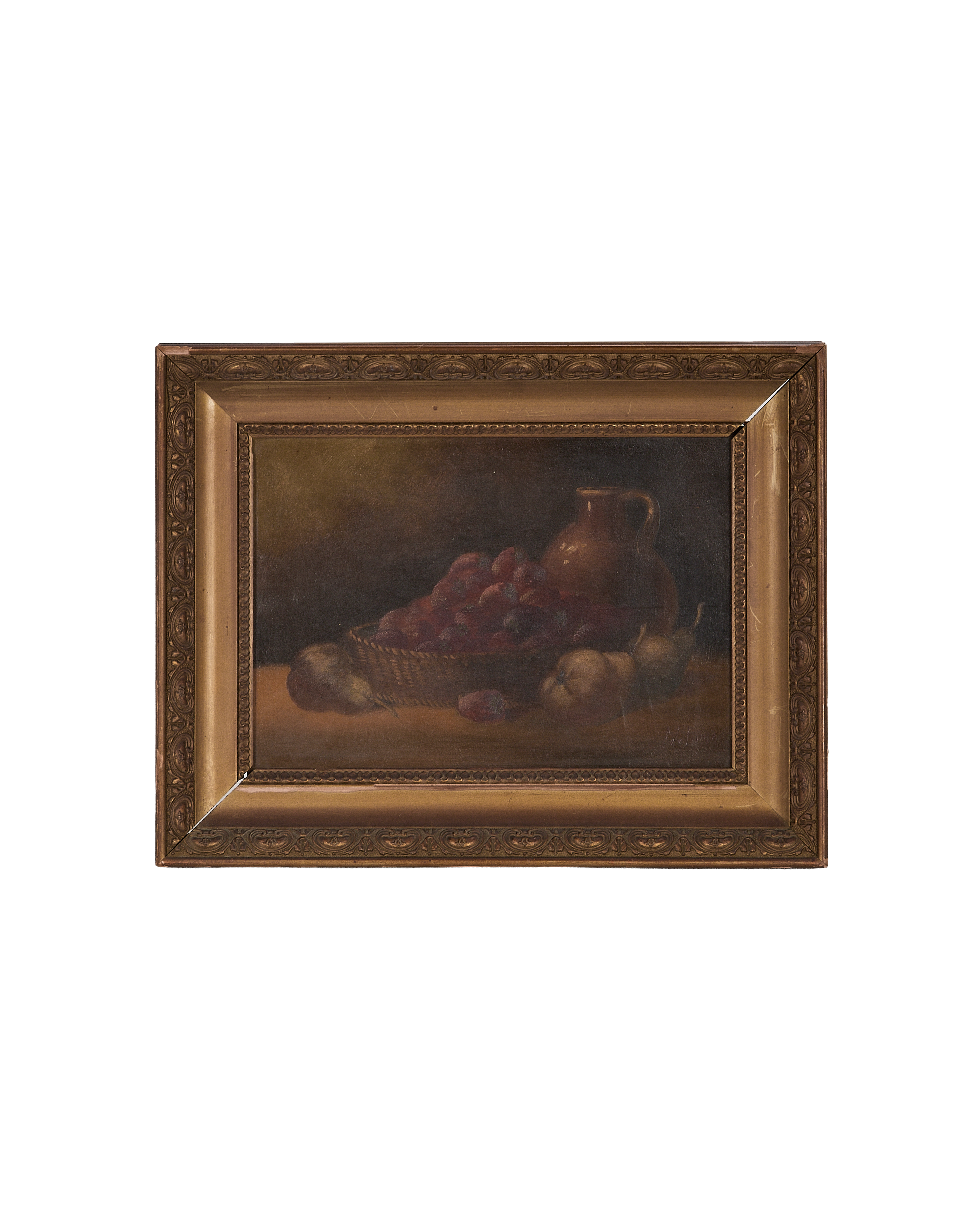 Vintage French still life oil painting in ornate oak frame, showing fruit and pitcher.
