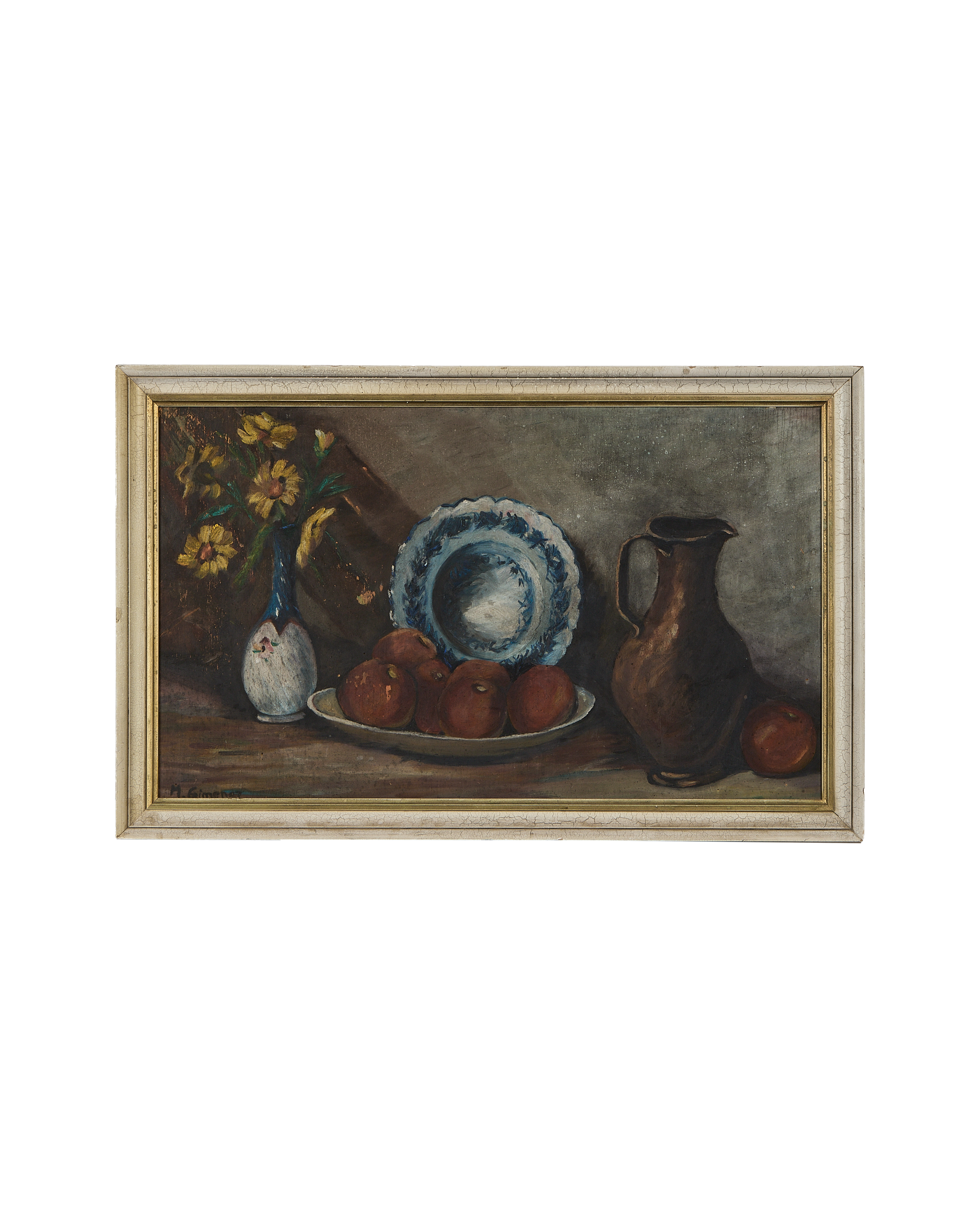 Vintage French oil still life painting, clay pitcher, apples, and blue floral plate in cracked oak frame.
