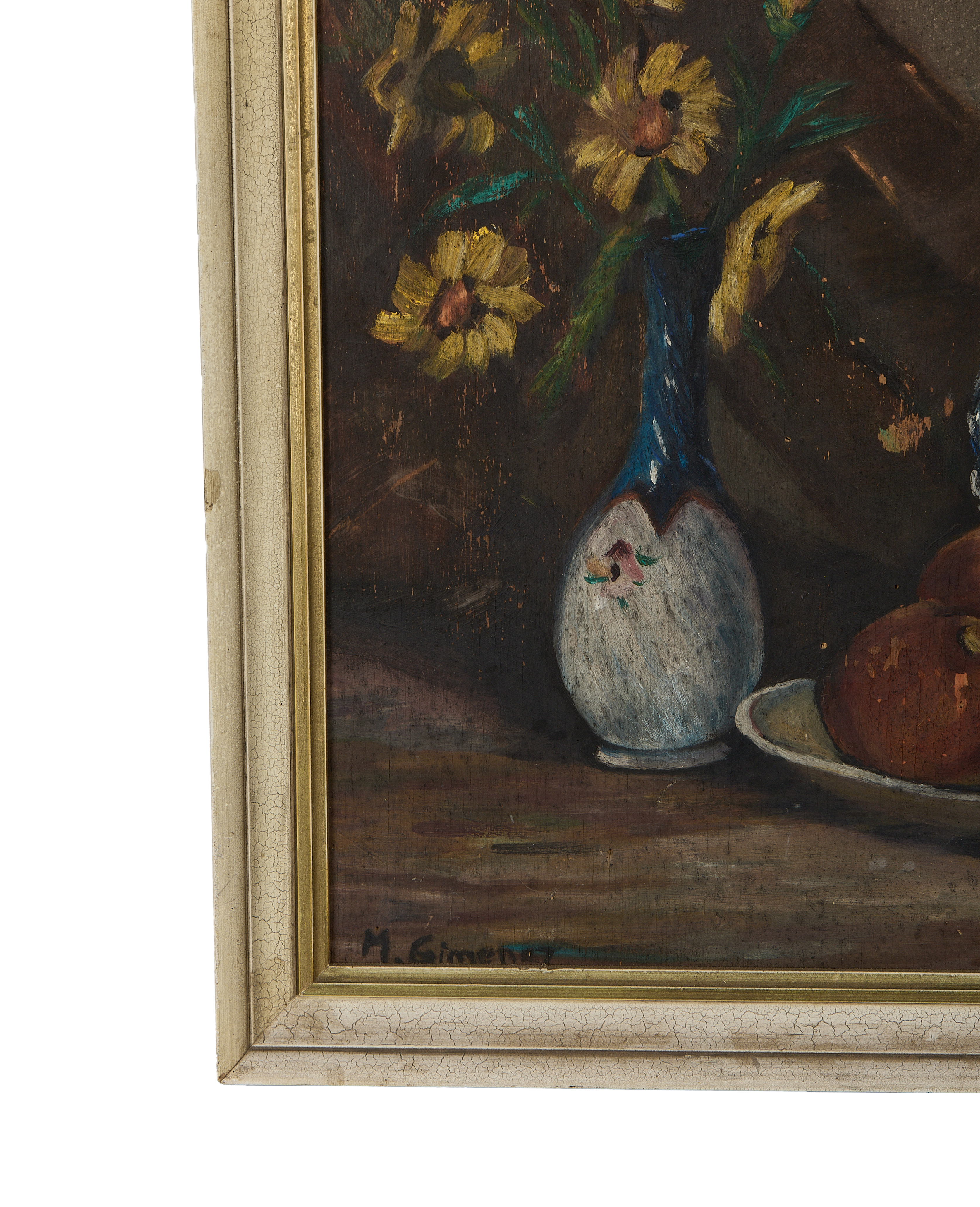 Close-up vintage French still life oil painting detail, with oak frame's crackled gesso finish.