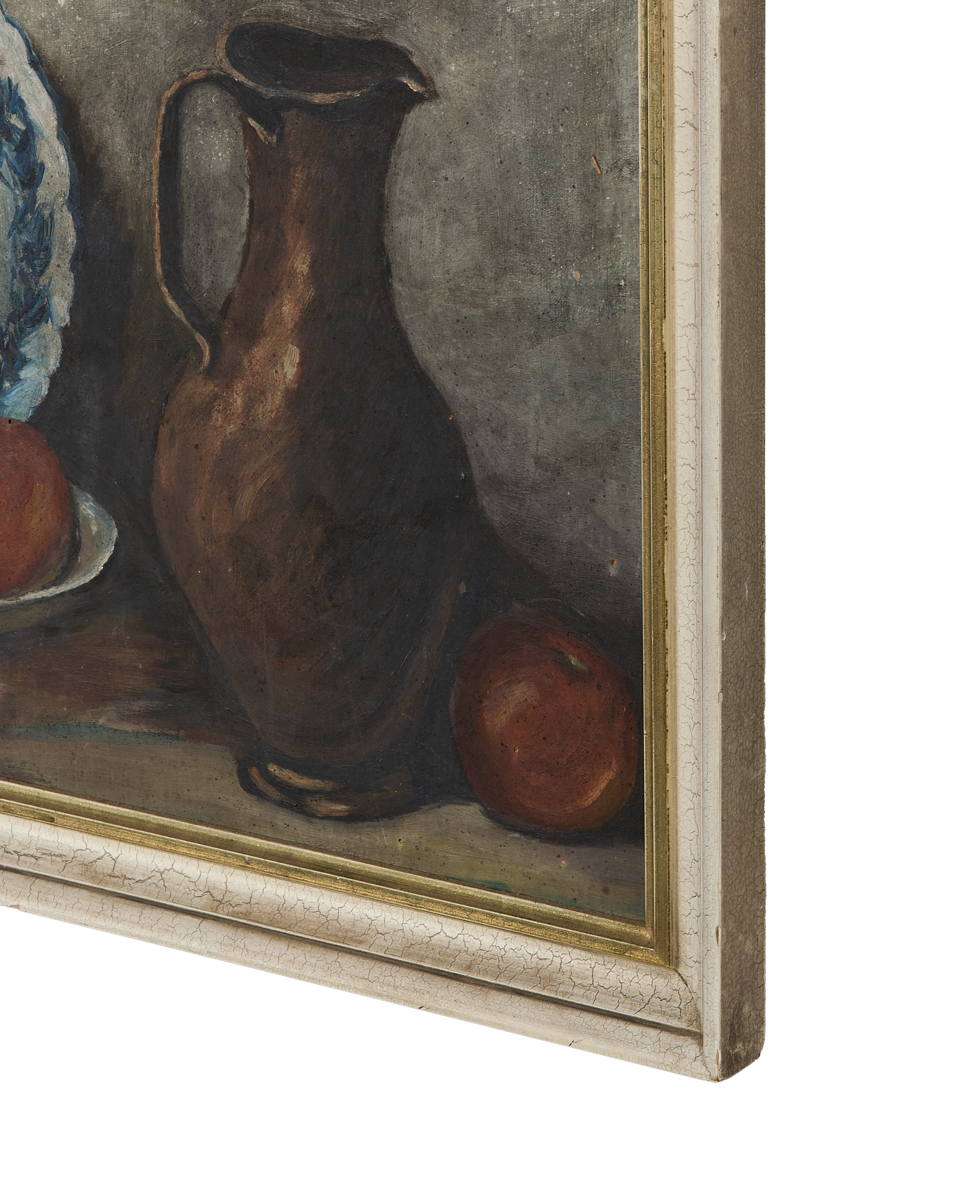 Vintage French still life painting, showing textural detail of jug and crackled white oak frame.