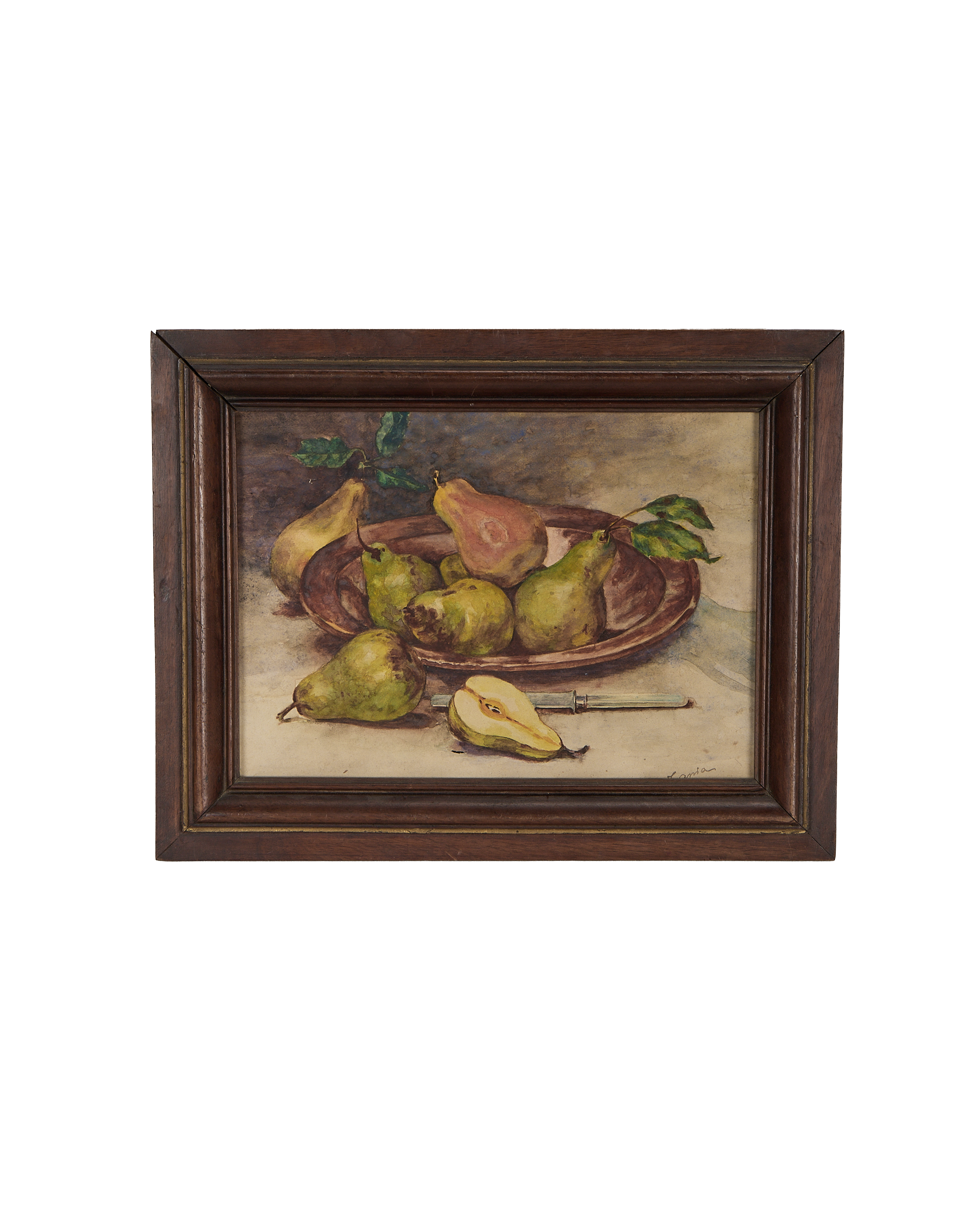 Vintage French still life watercolor painting of pears in a bowl, oak frame.
