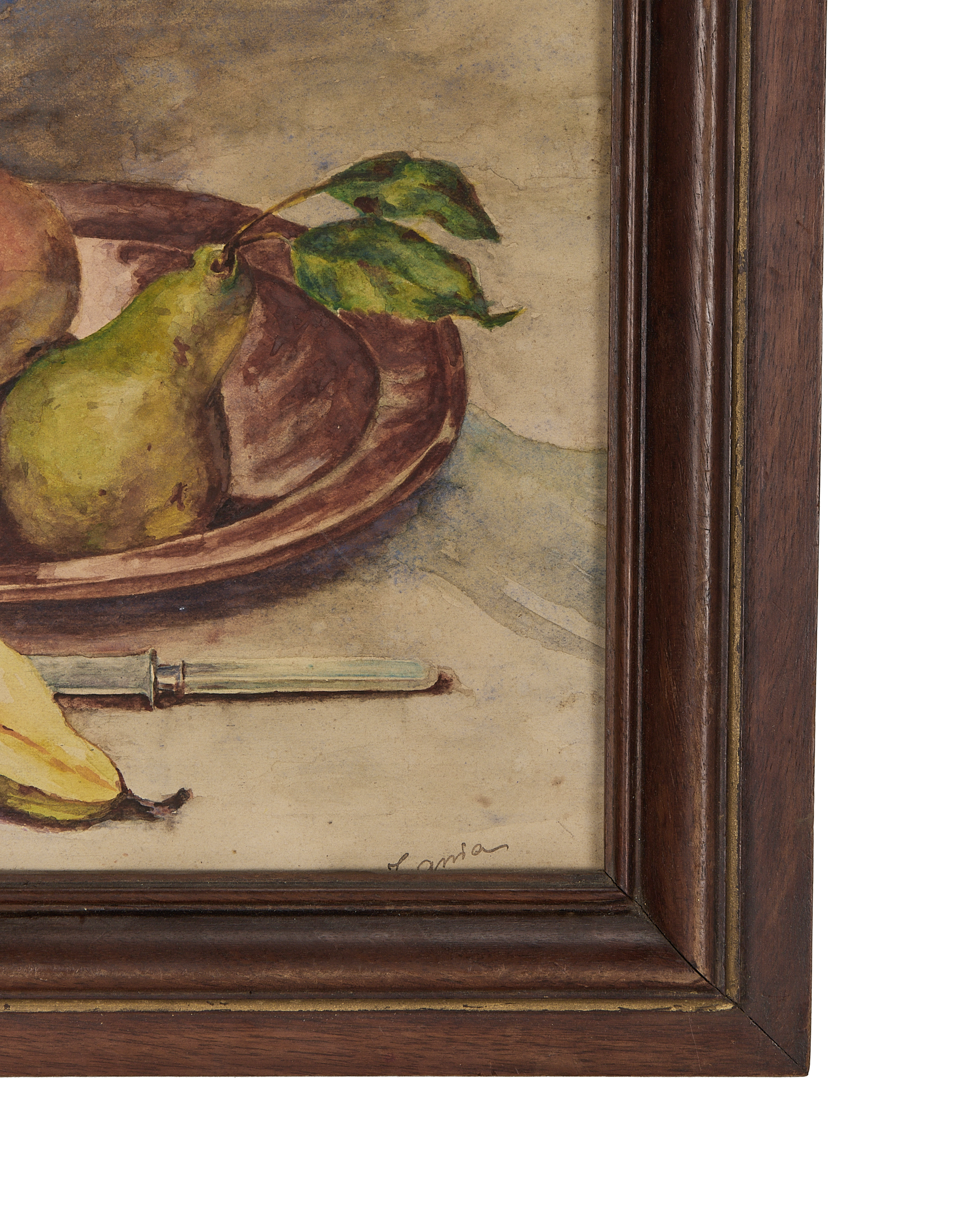 Vintage French still life watercolor, close-up of framed pears, knife, and artist's signature.