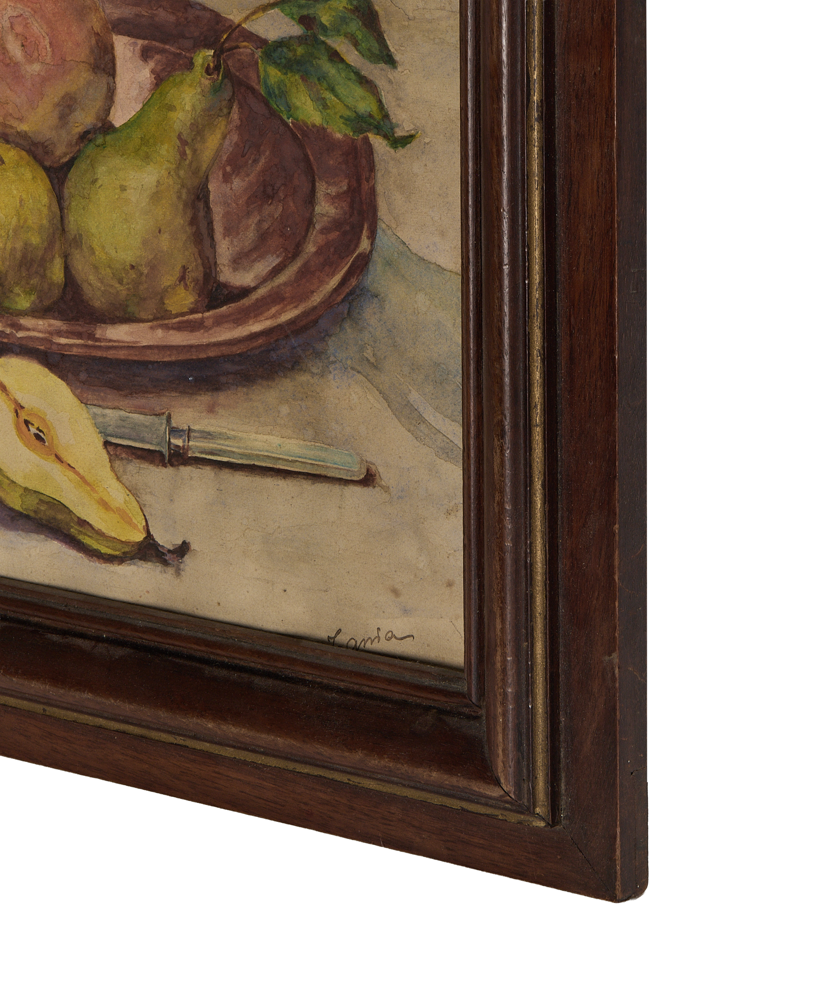 Vintage French Still Life Painting, close-up showing signature and decorative dark oak frame.