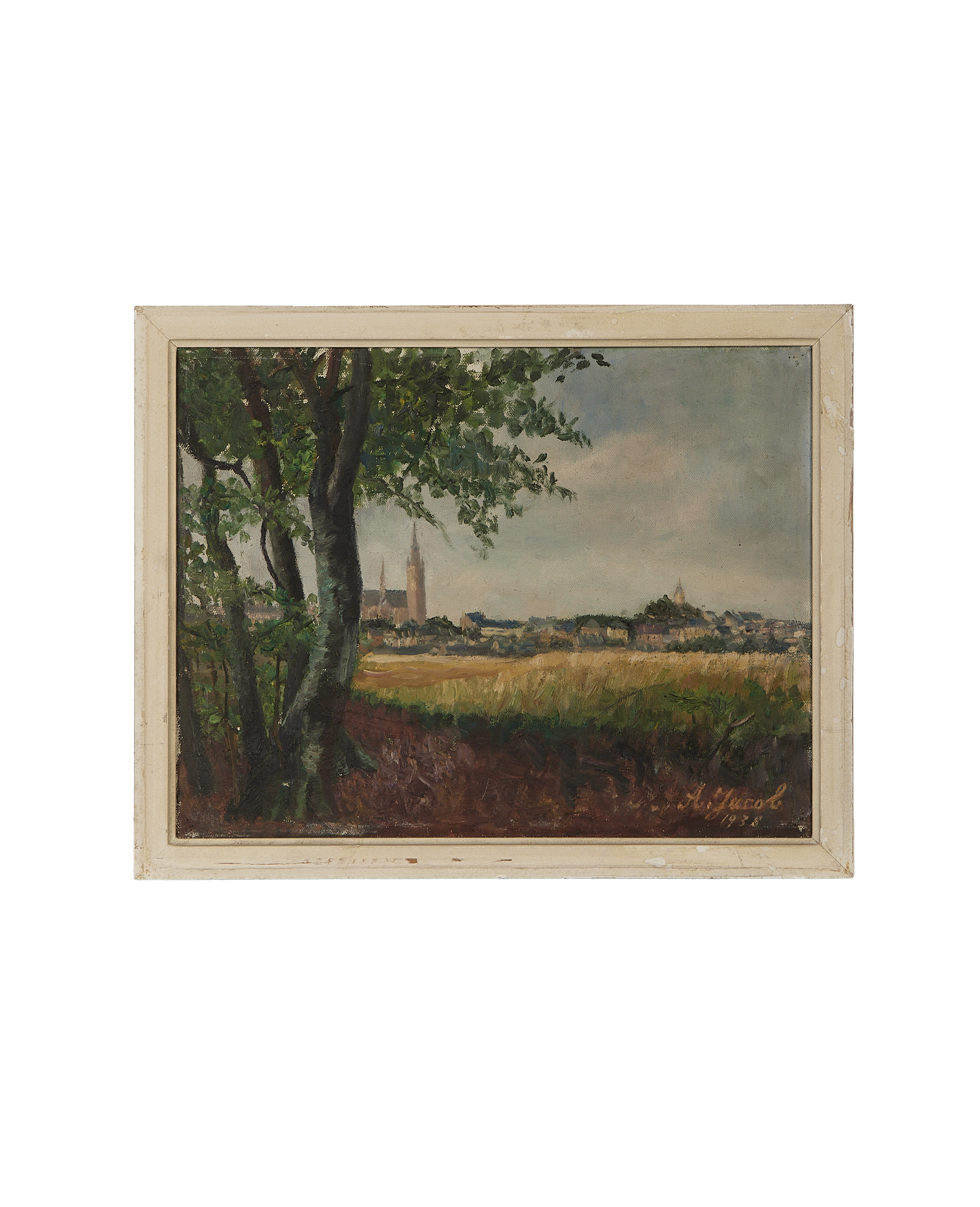 Vintage French landscape oil painting, a village scene with trees, fields, and church steeples, set in a distressed oak frame.