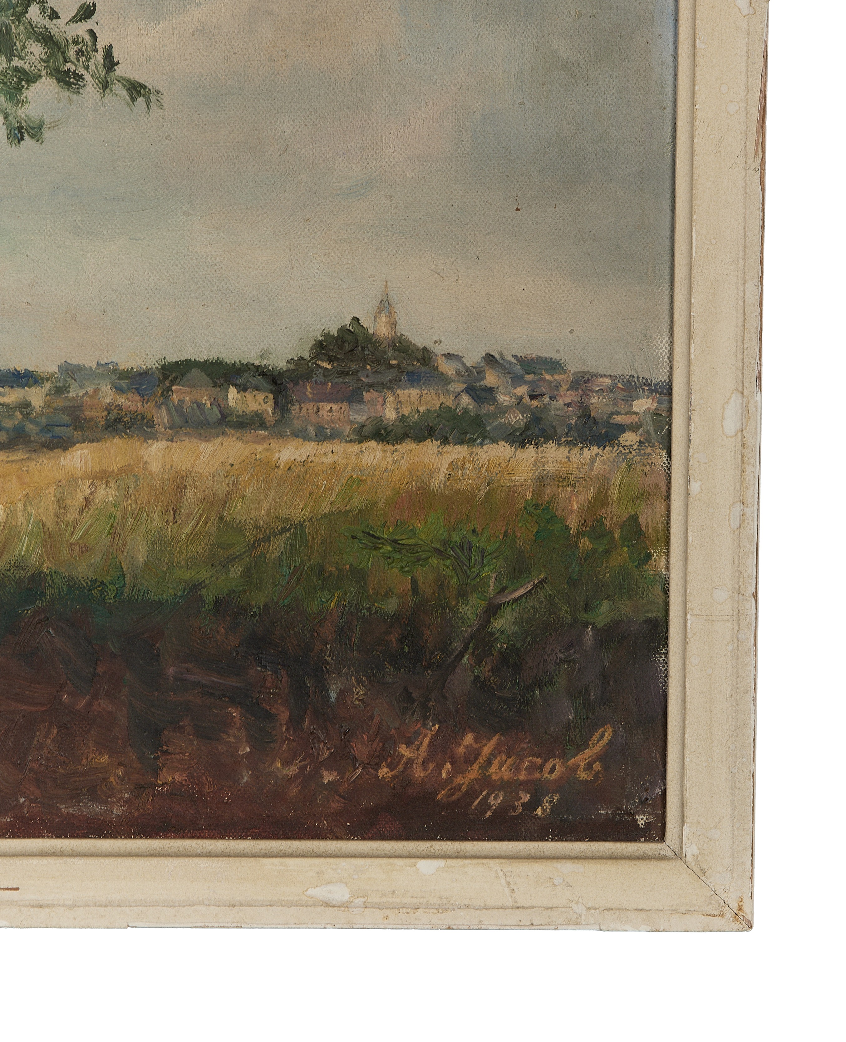 French vintage still life painting with oak frame, showcasing hillside village and signature detail.