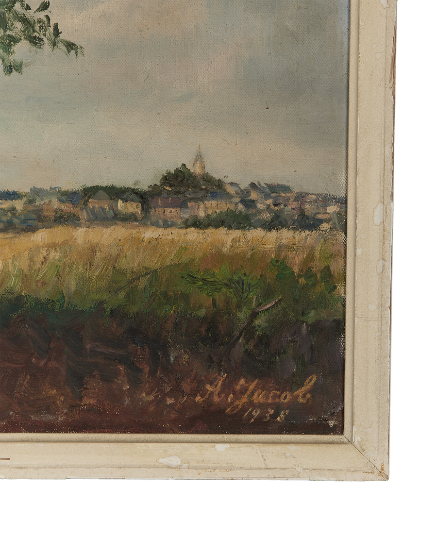 French vintage still life painting with oak frame, showcasing hillside village and signature detail.