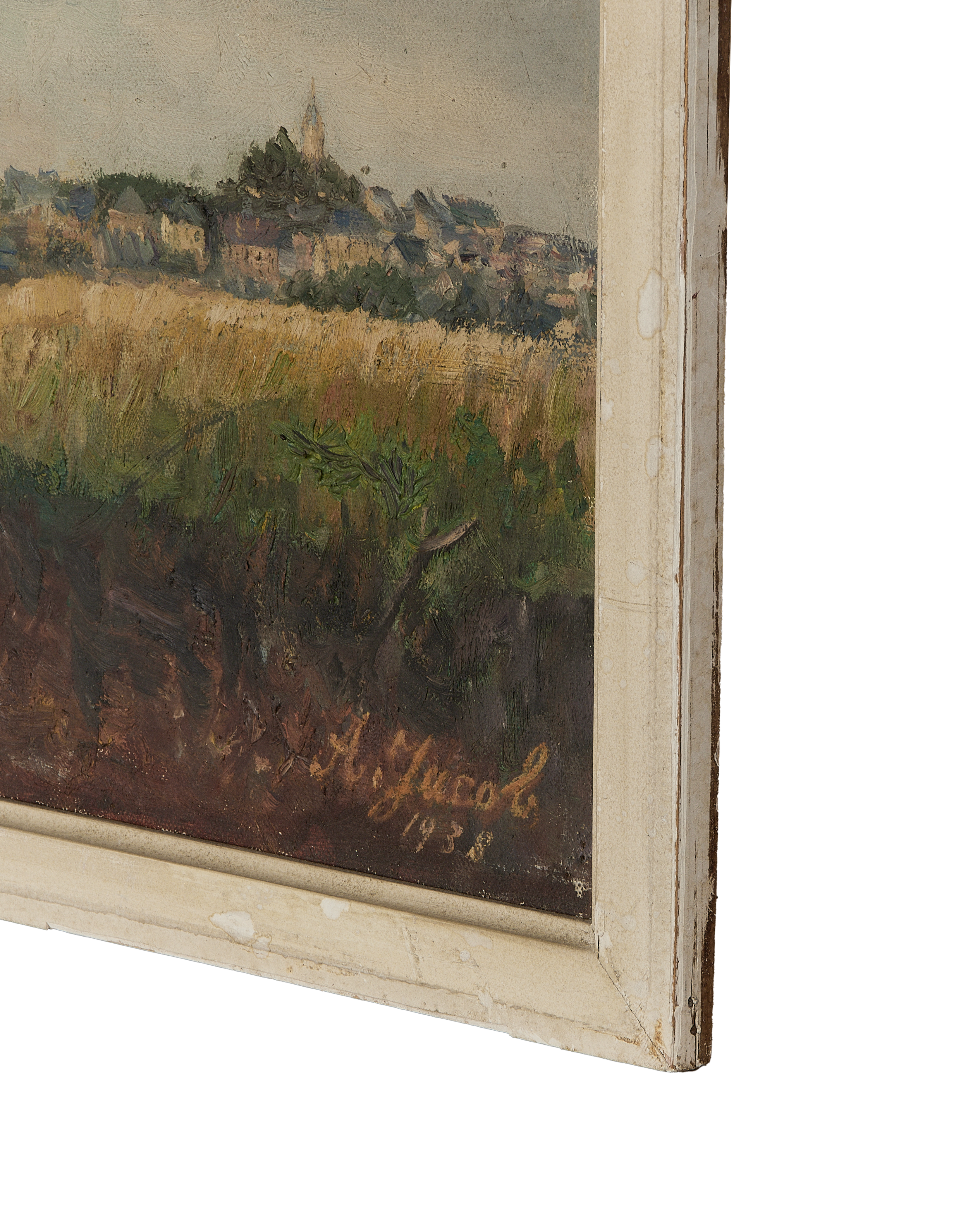 Vintage French still life painting, oak frame side view with artist's signature A. Jucob 1938.
