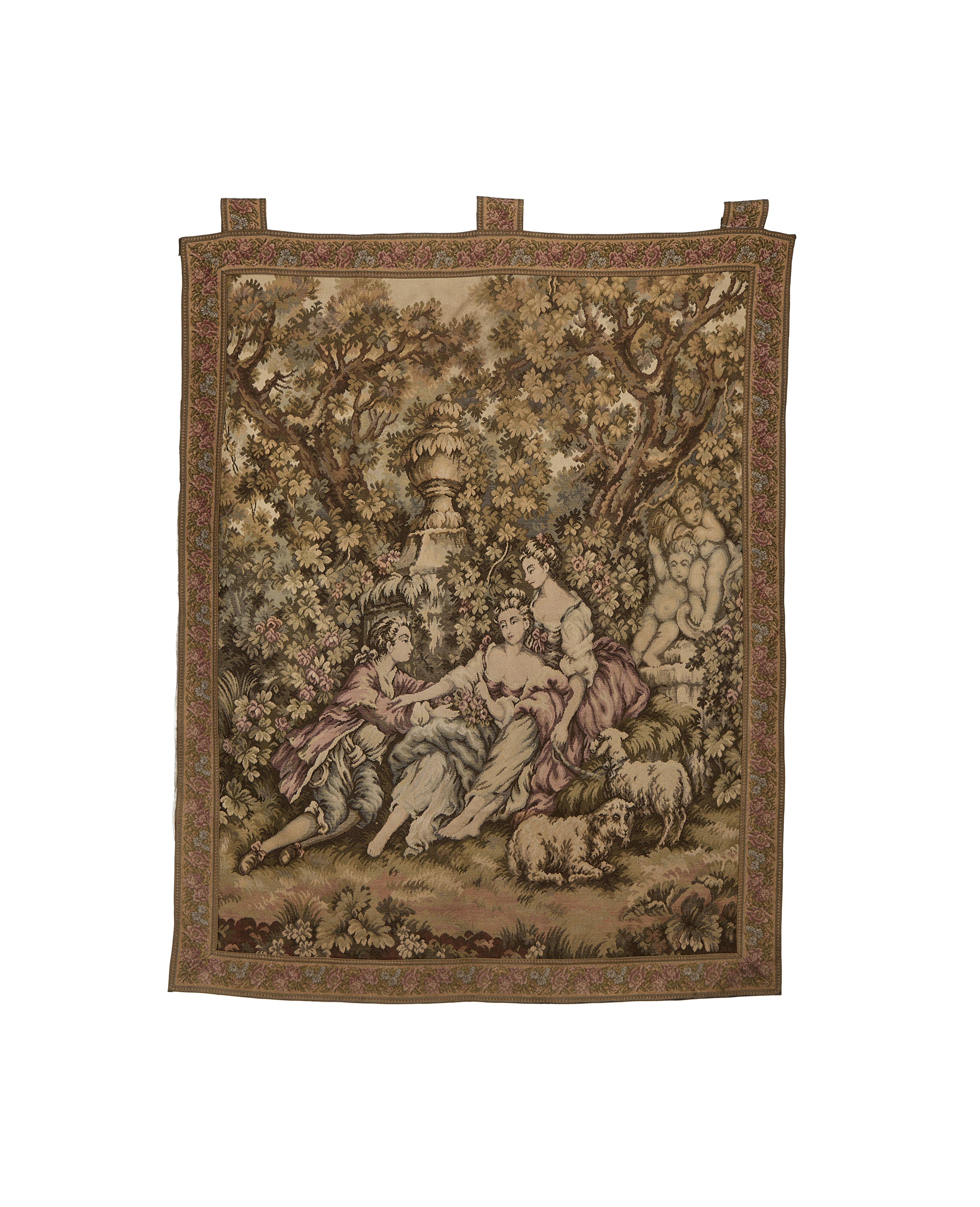Vintage French OAK tapestry depicting Rococo-style figures and sheep in a lush woodland scene.
