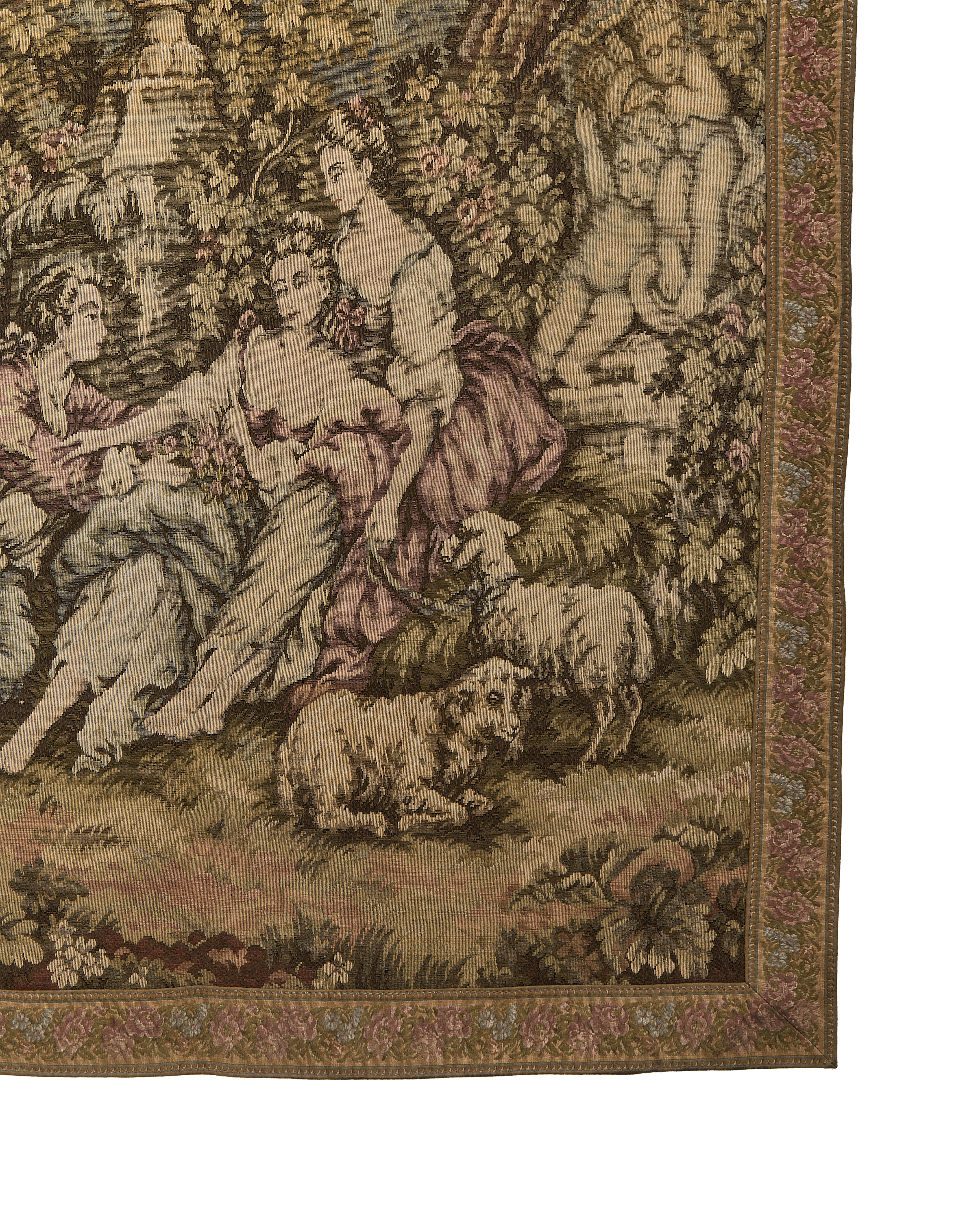Vintage French OAK tapestry detail: two sheep resting near figures and cherubs, with floral border.