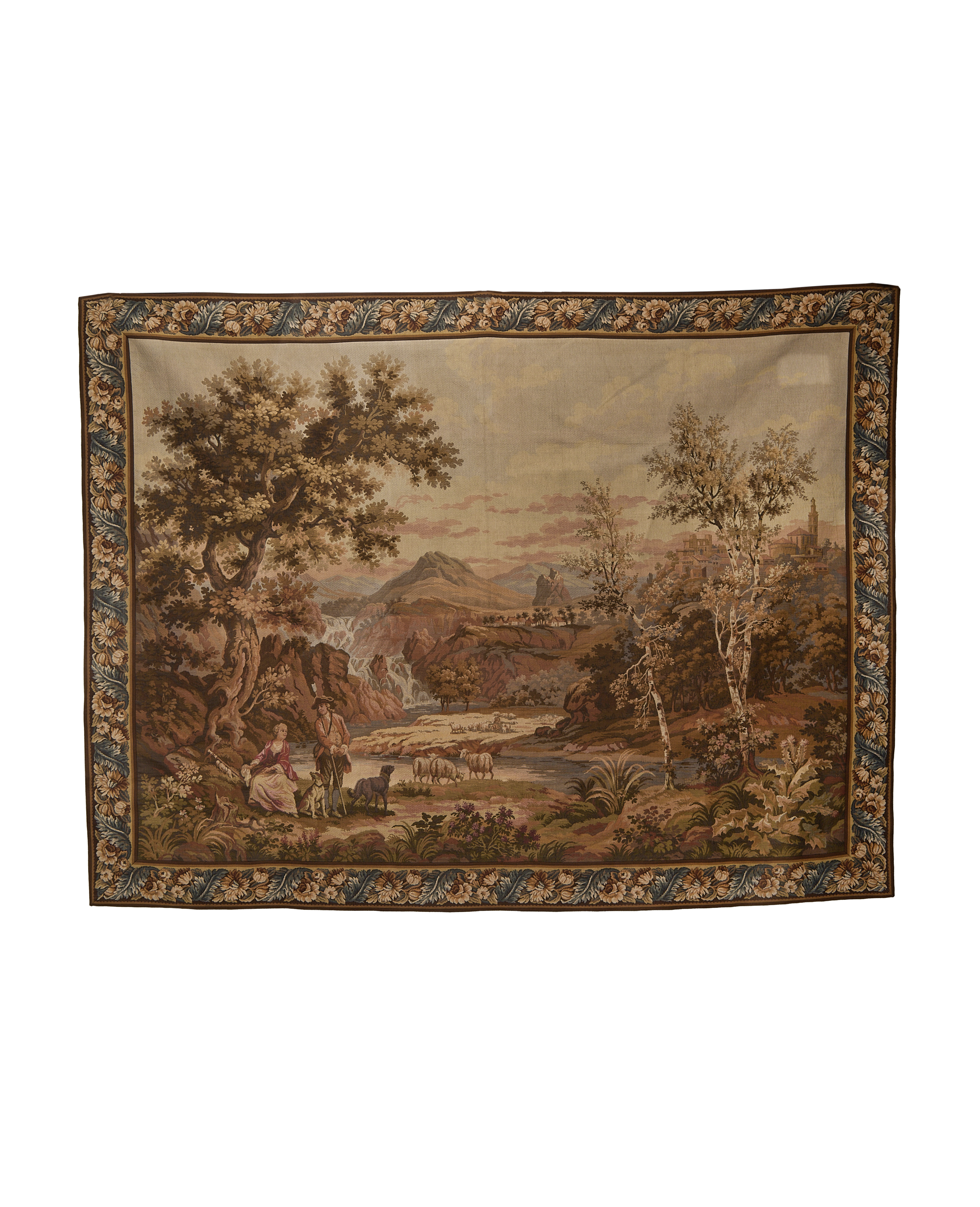 Vintage French Aubusson tapestry, pastoral landscape with figures and sheep, floral border.