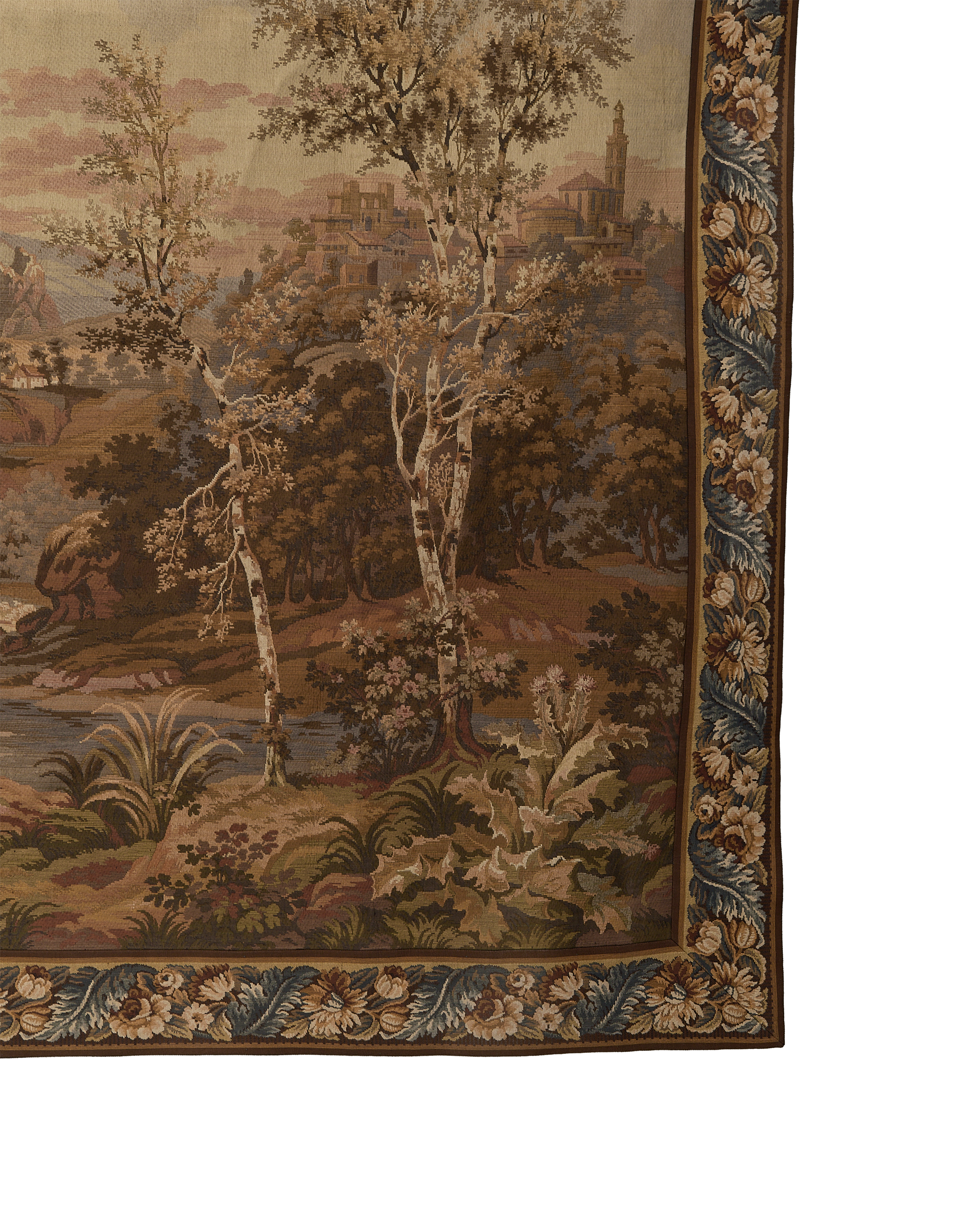 Vintage French OAK tapestry border detail with floral pattern and landscape design.