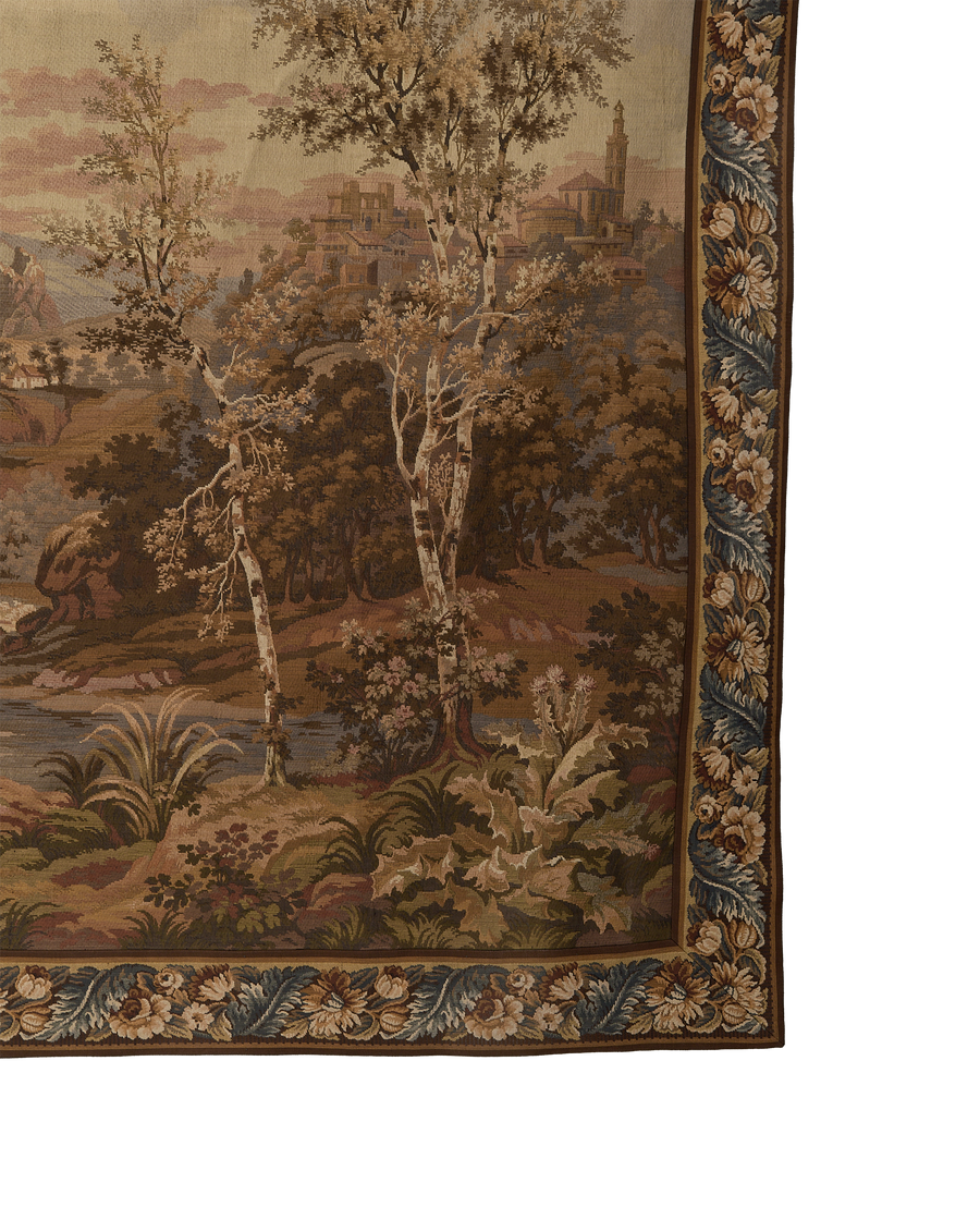 Vintage French OAK tapestry border detail with floral pattern and landscape design.
