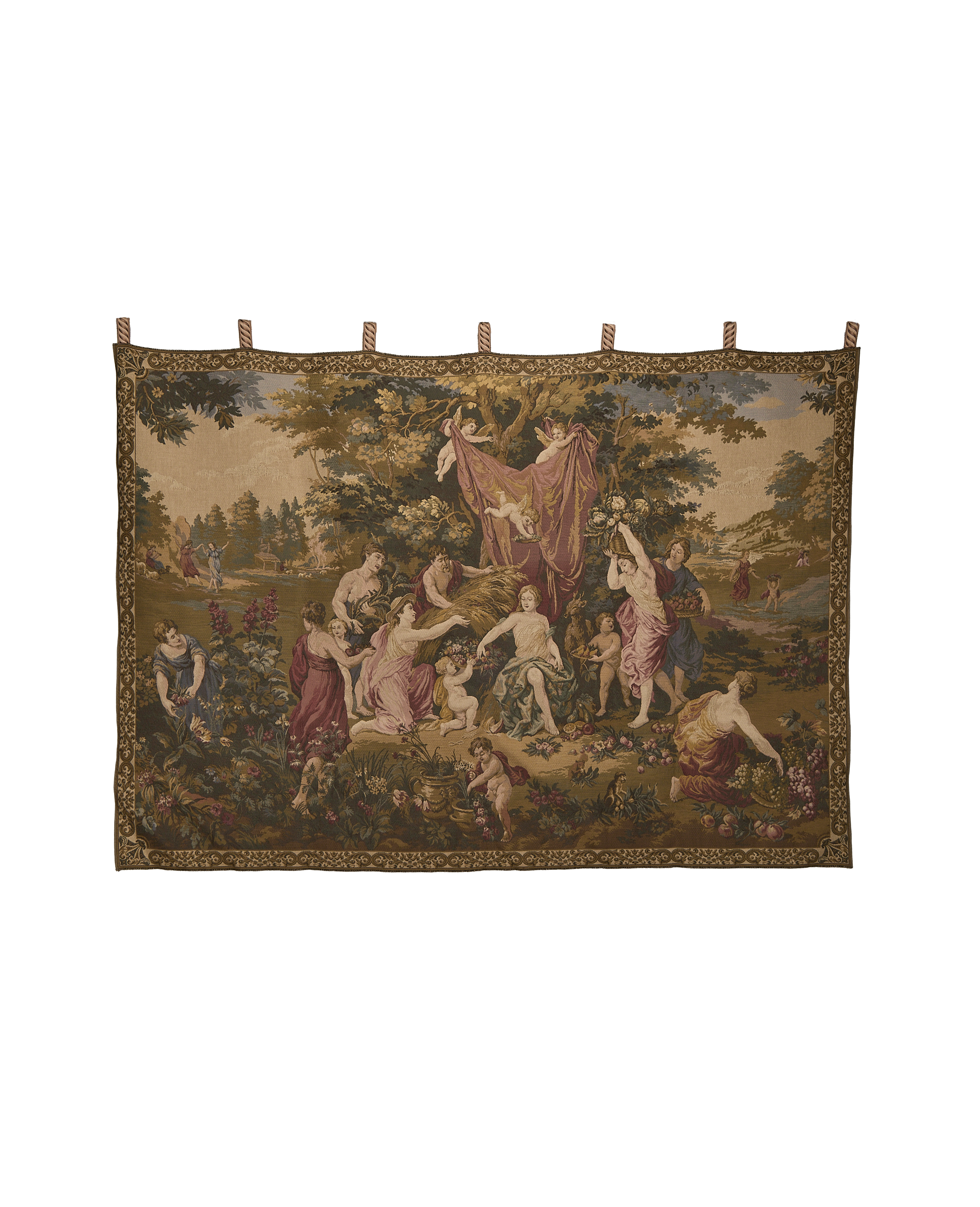 Vintage French OAK tapestry depicting mythological figures and cherubs in a lush garden.