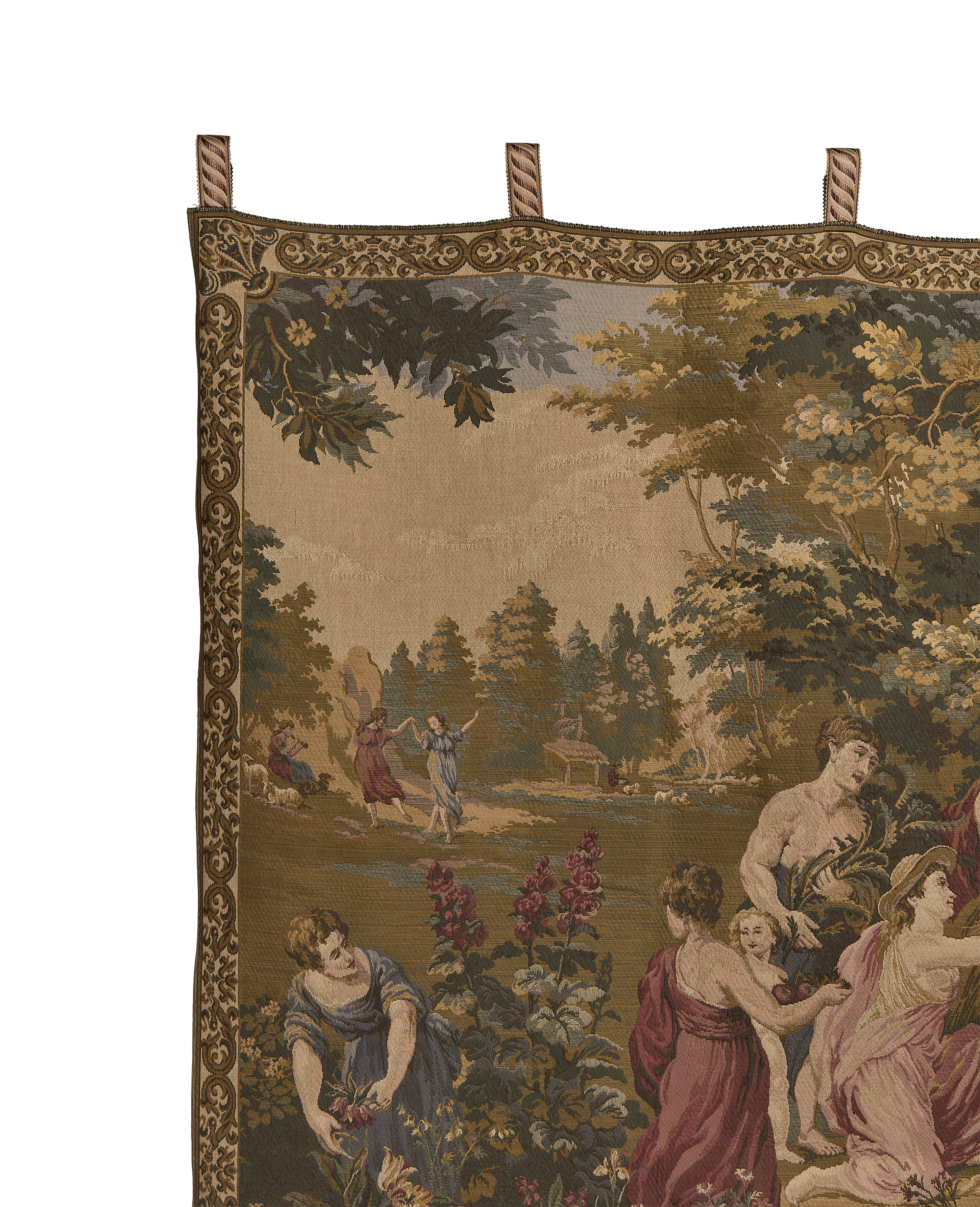 Vintage French OAK tapestry, corner detail, showing women harvesting and dancing.