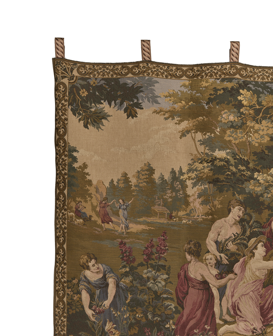 Vintage French OAK tapestry, corner detail, showing women harvesting and dancing.