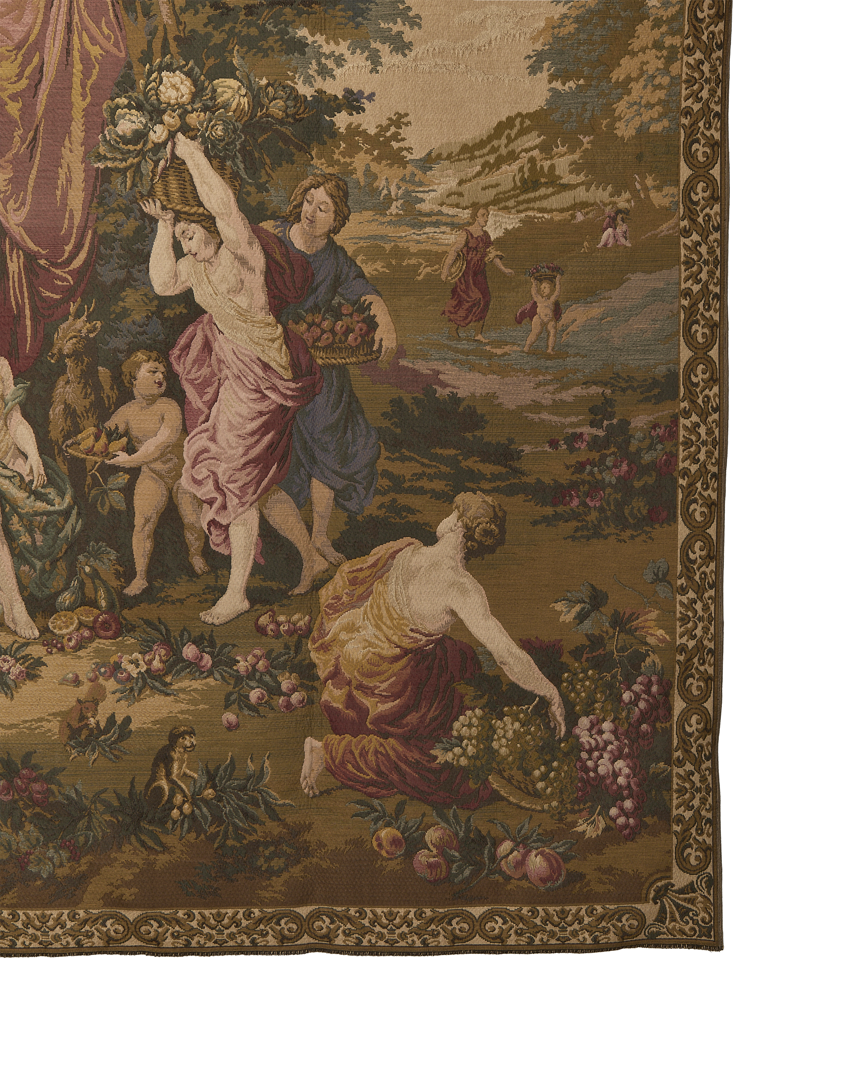 Detailed corner of vintage French OAK tapestry with ornate decorative border.