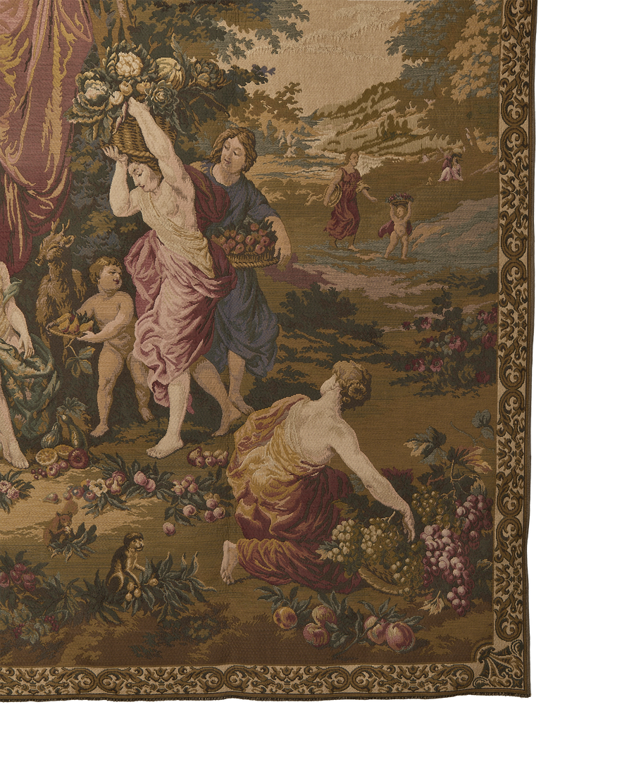 Detailed corner of vintage French OAK tapestry with ornate decorative border.