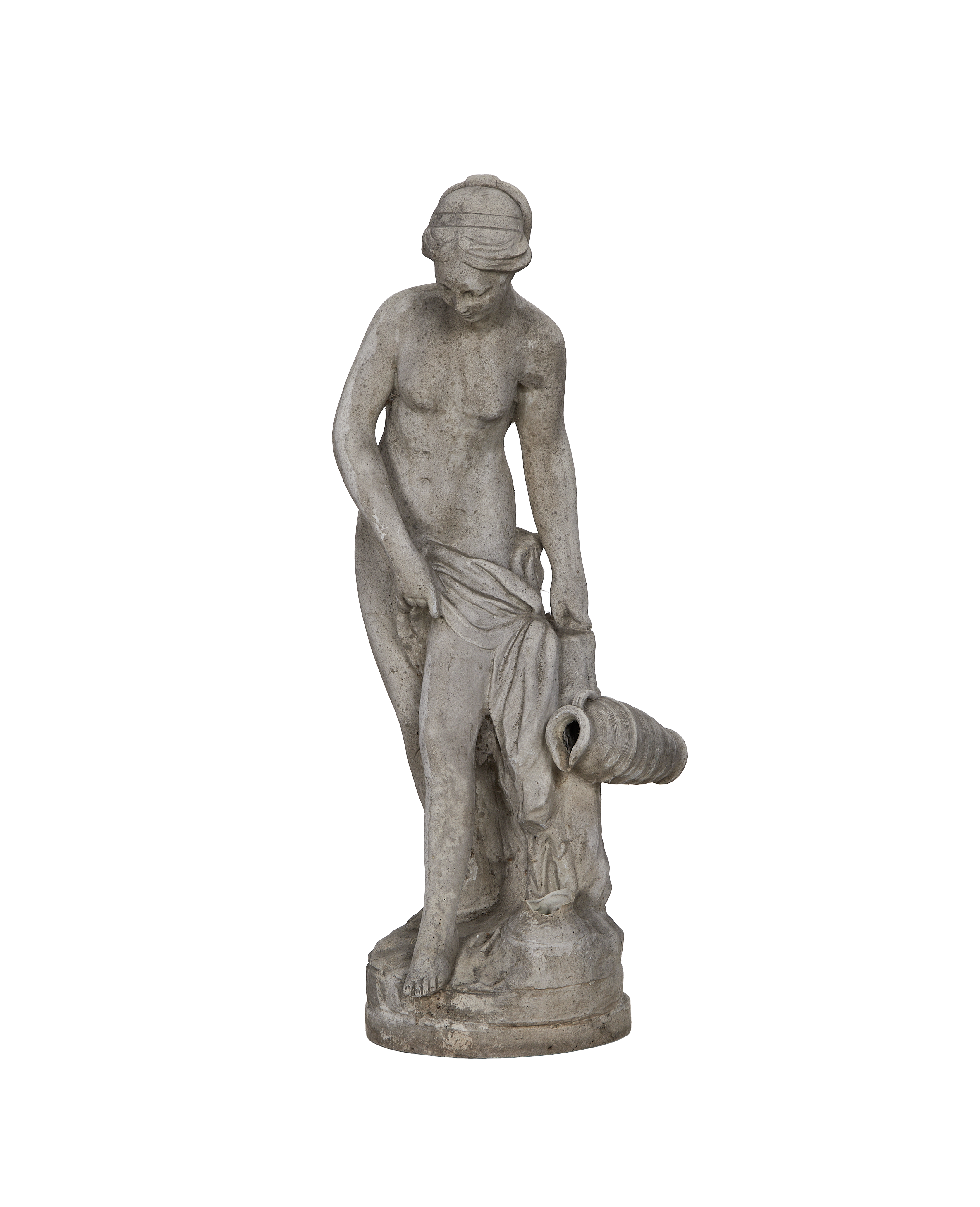 Vintage concrete woman statue from France with drapery and urn, full view.