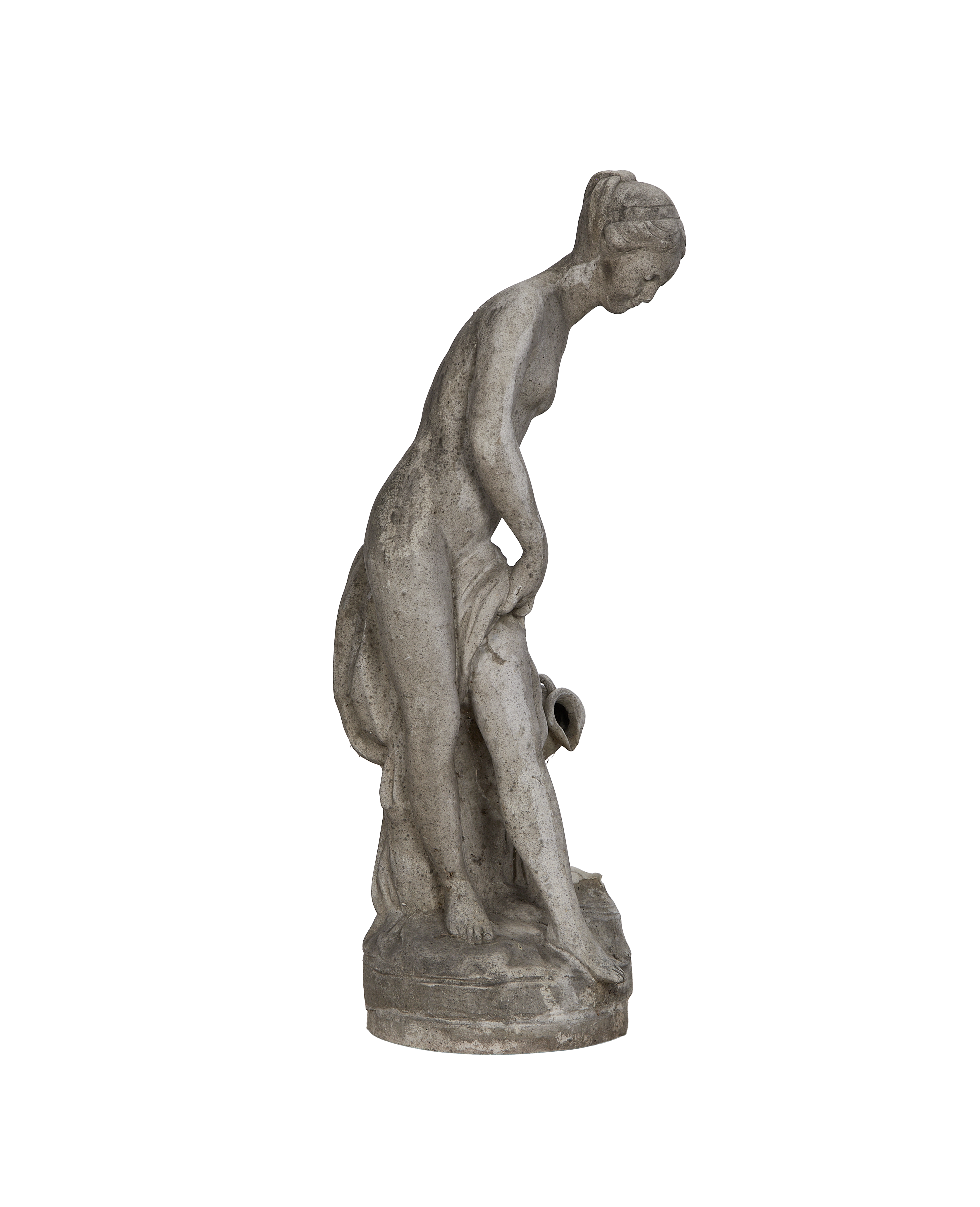 Vintage French woman statue, weathered concrete, elegant side view of figure bending.