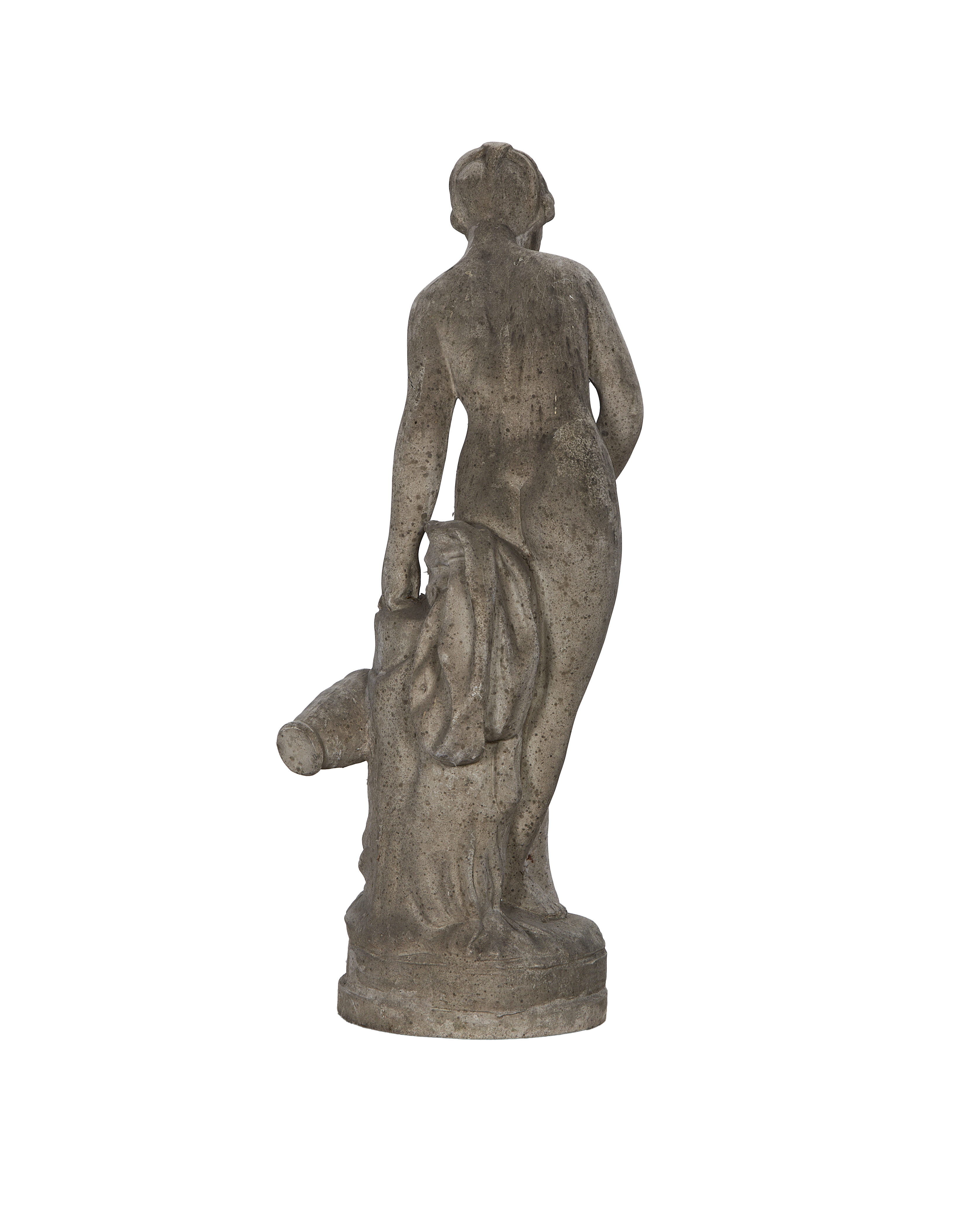 Vintage French oak woman statue, rear view, showing detailed wood grain and patina.