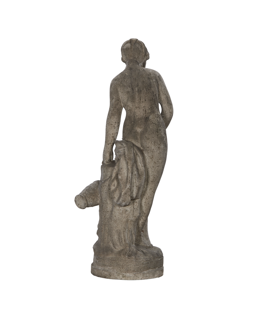 Vintage French oak woman statue, rear view, showing detailed wood grain and patina.